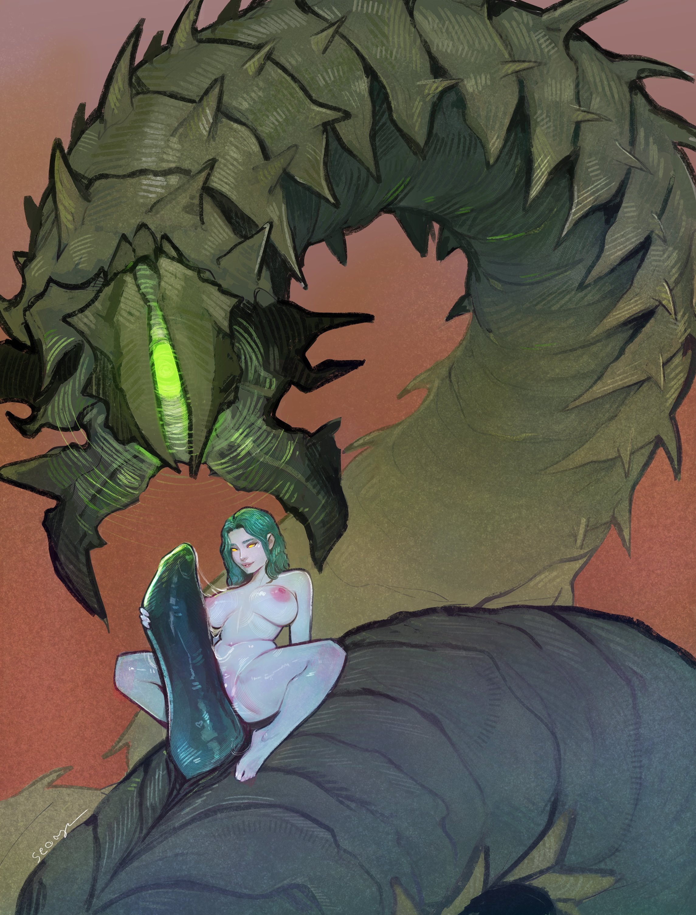 awoken, blue skin, breasts, destiny 2, green hair, hive (destiny), interspecies, monster, monster on female, nipples, nude, searyn, size difference, teratophilia