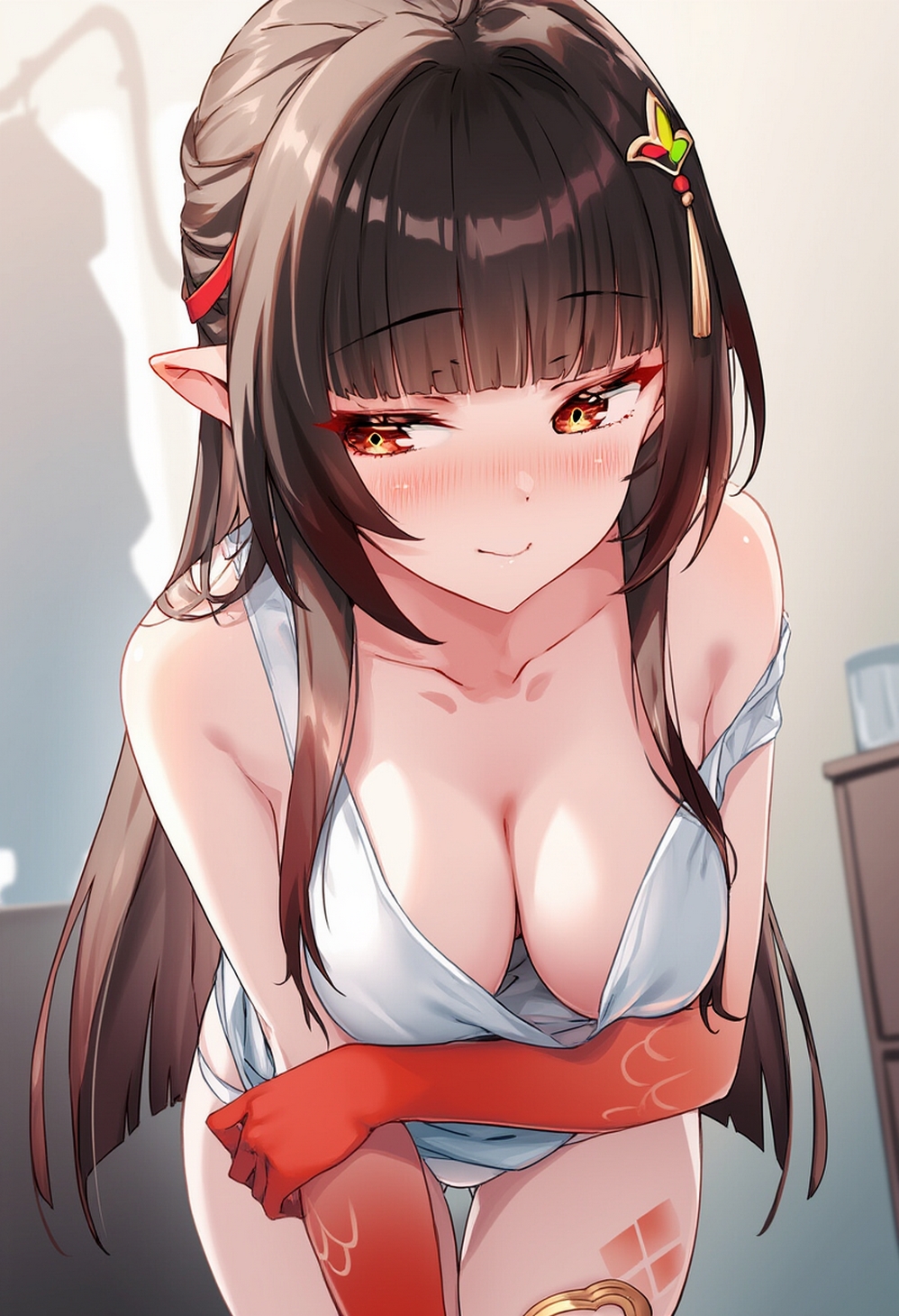 ai generated, arms crossed, blush, breasts, breasts focus, close-up, female, female only, honkai: star rail, lingsha (honkai: star rail), raaicave, shoulders