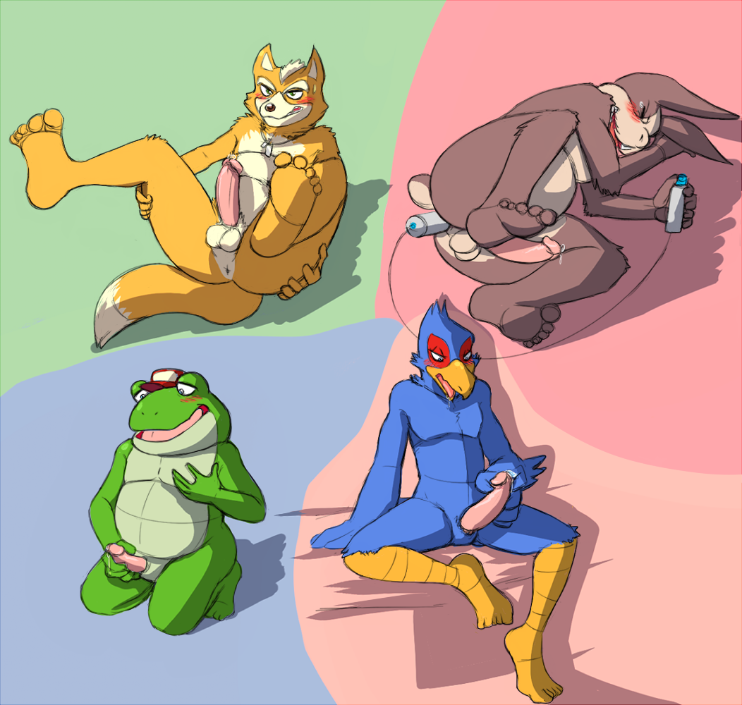 4boys amphibian anal anal_masturbation anthro anus avian blue_background blush cum dildo falco_lombardi fox_mccloud furry green_background hat male male_only masturbation nintendo nude penile_masturbation penis peppy_hare pink_background red_background sex_toy simple_background slippy_toad star_fox thegreatmatsutzu video_games