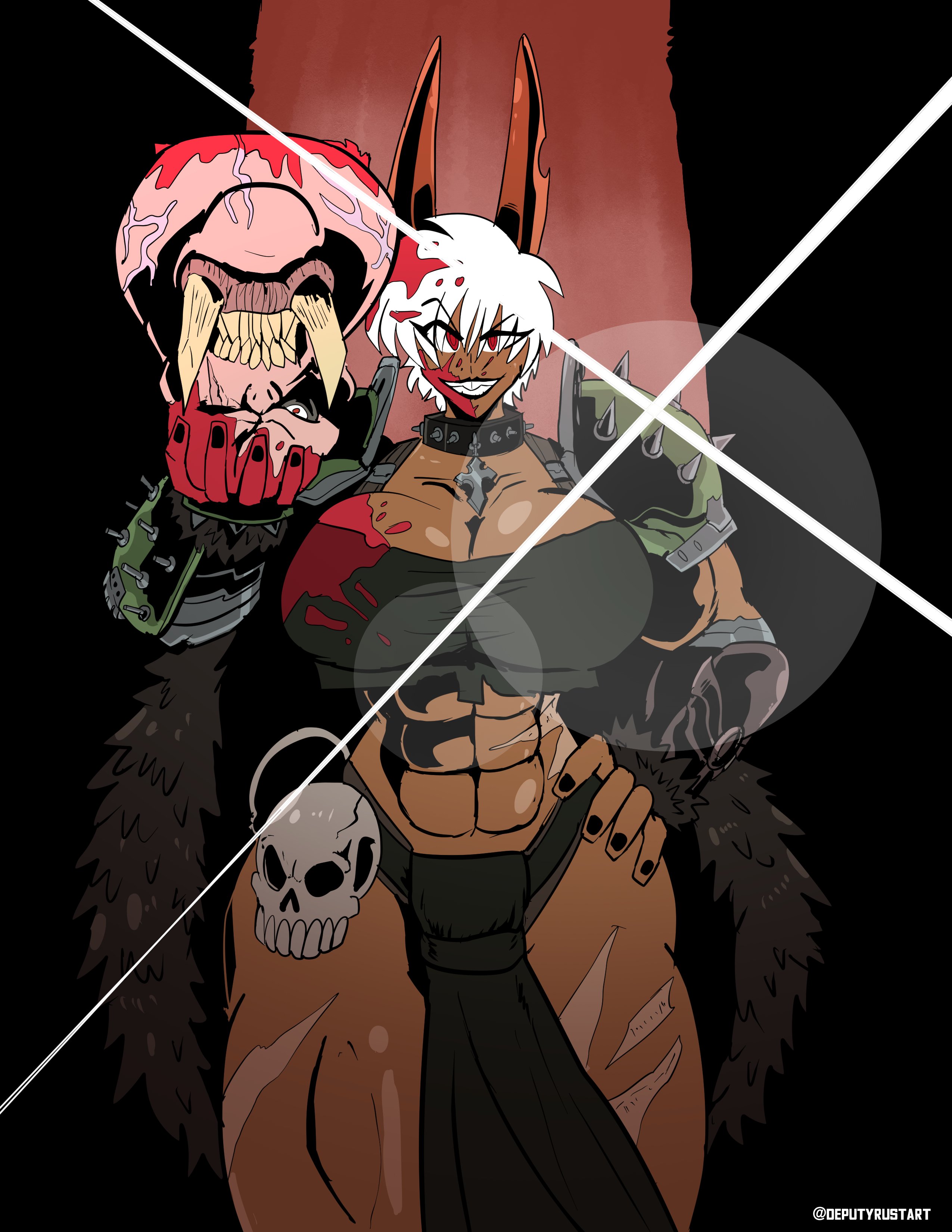 1girls, abs, blood, blood on face, breasts, bunny ears, bunny girl, clothed, collar, cross necklace, daisy (deputyrustart)​, daisy (doom), deputyrust, doom, female, fit female, large breasts, mancubus (doom), red eyes, scar, short hair, skull, spiked collar, tagme, tomboy, voluptuous, white hair