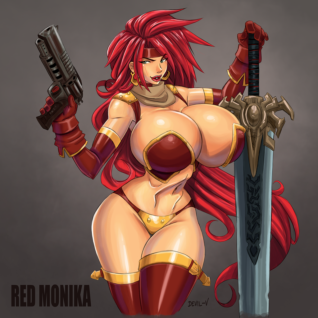 1girls armor artist_name battle_chasers bikini_armor breasts character_name cleavage clothing contrapposto curvy devil-v earrings female firearm green_eyes gun handgun highres huge_breasts huge_weapon human jewelry legs lips lipstick long_hair makeup naughty_face pale_skin red_hair red_legwear red_monika revolver simple_background solo sword thigh_gap thighhighs thighs very_long_hair weapon wide_hips