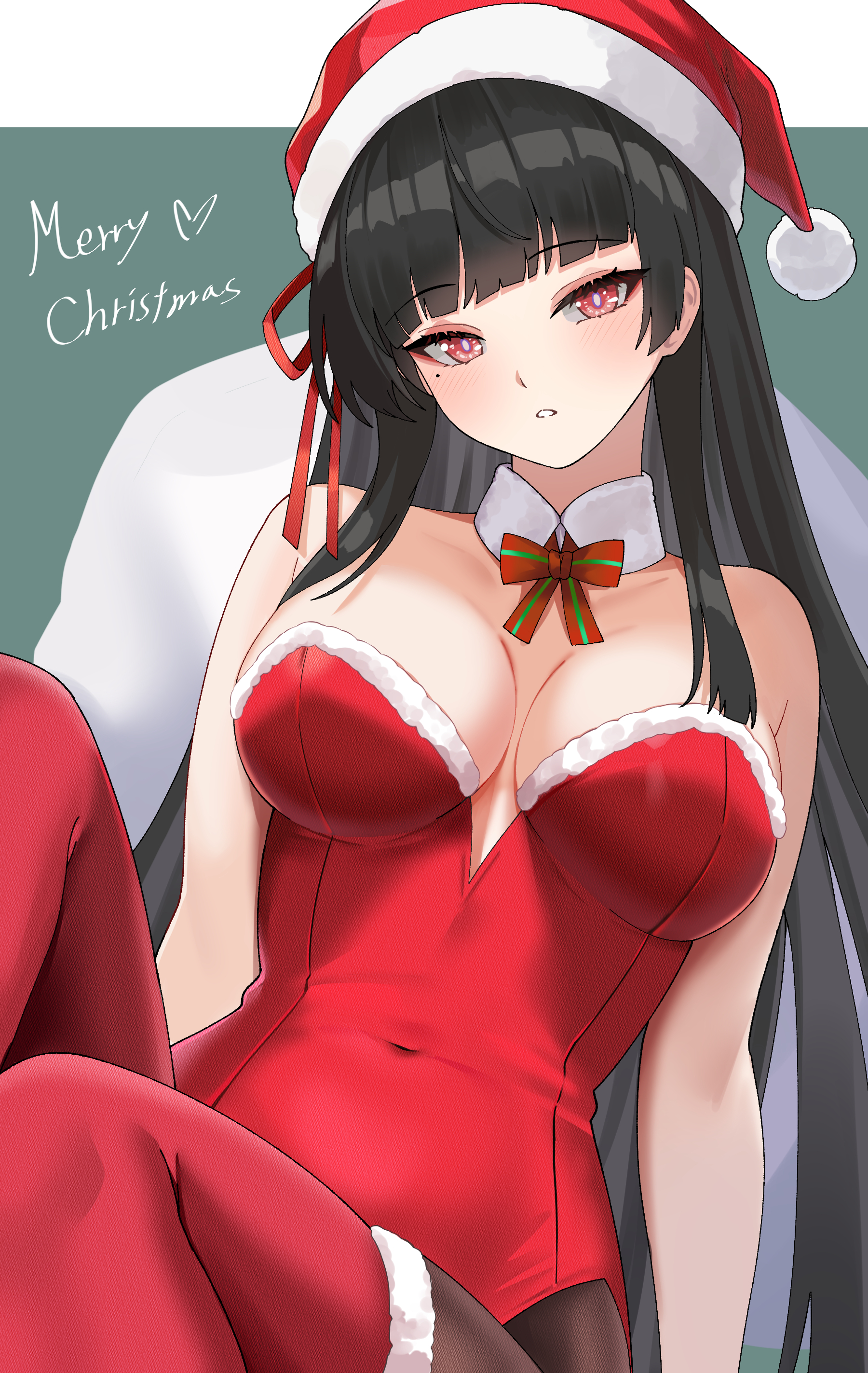 1girls, black hair, breasts, chisa (wuthering waves), christmas, christmas outfit, exposed breasts, leotard, long hair, red eyes, red leotard, santa hat, wuthering waves