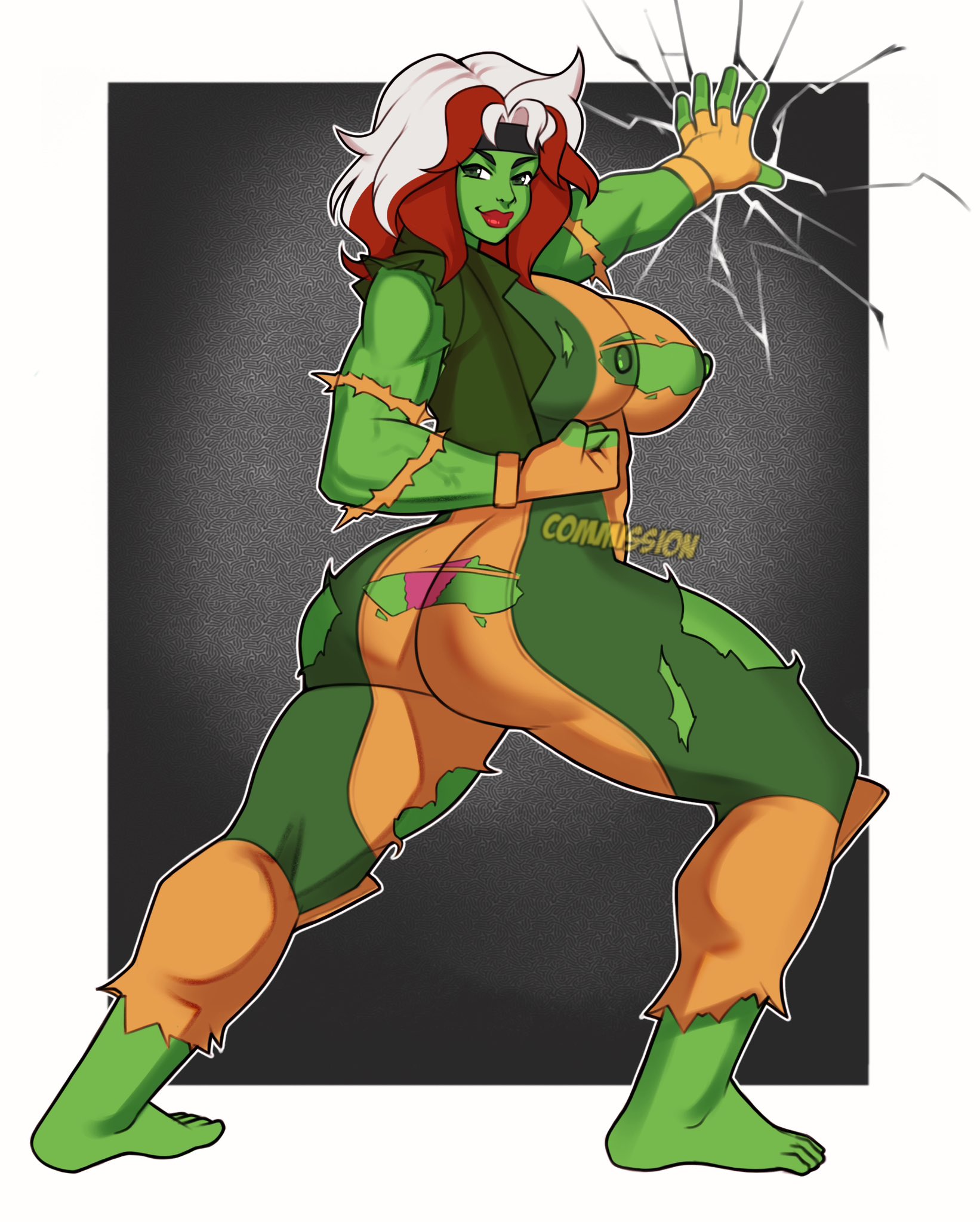 anna marie, ass, avengers, bandana, big ass, big breasts, black bandana, breasts, curvy, curvy figure, female, green eyes, green skin, idiot2006, jakuson z, marvel, marvel comics, nipples, pink panties, red lipstick, ripped clothing, rogue (x-men), she-hulk, stolen powers, thick, thick ass