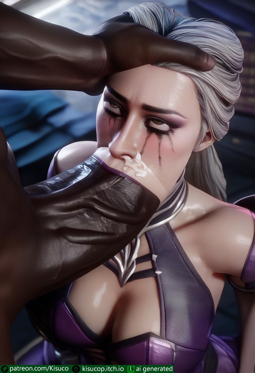 1boy, 1girls, absurdly large cock, ai generated, all the way to the base, cleavage, clothed female nude male, cum in mouth, cum on nose, curious, dark skin, dark-skinned male, deepthroat, female, from above, head grab, horny female, huge cock, hugging legs, impossible fit, in love, in love with cock, interracial, kisuco, looking at penis, looking at viewer, male, milf, mortal kombat, mortal kombat 11, partial male, penis, penis on face, purple lipstick, shiny skin, sindel, size difference, taller male, voluptuous female, white hair