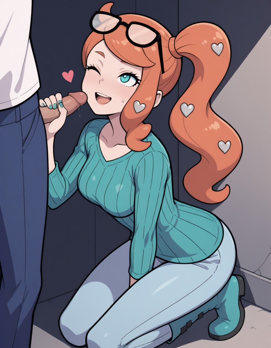 1boy, 1girls, ai generated, aqua eyes, blush, breasts, collarbone, female, glasses, glasses on head, handjob, heart symbol, hiding, kneeling, kslgsnb, long sleeves, male, medium breasts, one eye closed, open mouth, orange hair, outdoors, pokemon, pokemon ss, ribbed shirt, side ponytail, sonia (pokemon), stealth sex, straight, swept bangs, yodayo