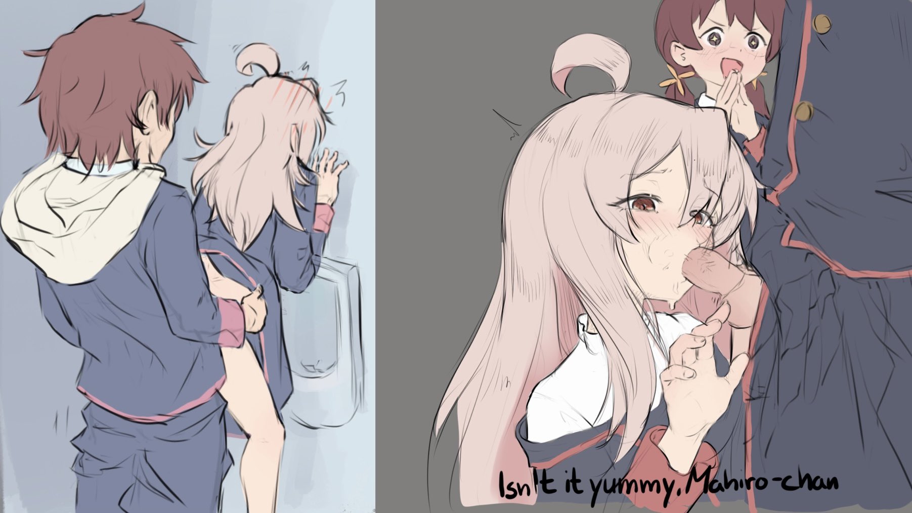1boy, 2girls, 2girls1boy, against wall, ahoge, ambiguous penetration, blush, blush lines, brown hair, chernyyvo, dubious consent, embarrassed, excited, fellatio, green eyes, green hair, looking at penis, multiple girls, murosaki miyo, onii-chan wa oshimai!, oyama mahiro, penis, sakurada yuuta, school uniform, scrotum, sex, skirt, skirt lift, small breasts, sucking, sucking penis, text, urinal
