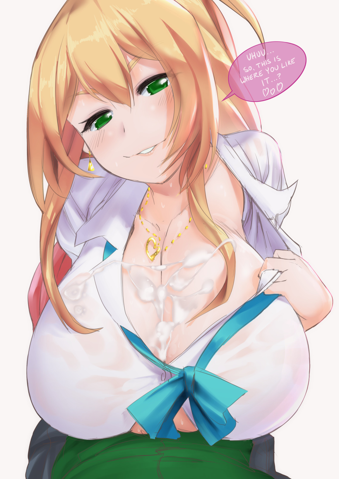 1girls, 47k, after paizuri, after sex, big breasts, blonde hair, breasts, cleavage, cum, cum bridge, cum on breasts, female, green eyes, gyaru, hajimete no gal, heart, huge breasts, paizuri, smile, solo focus, straight, text, yame yukana