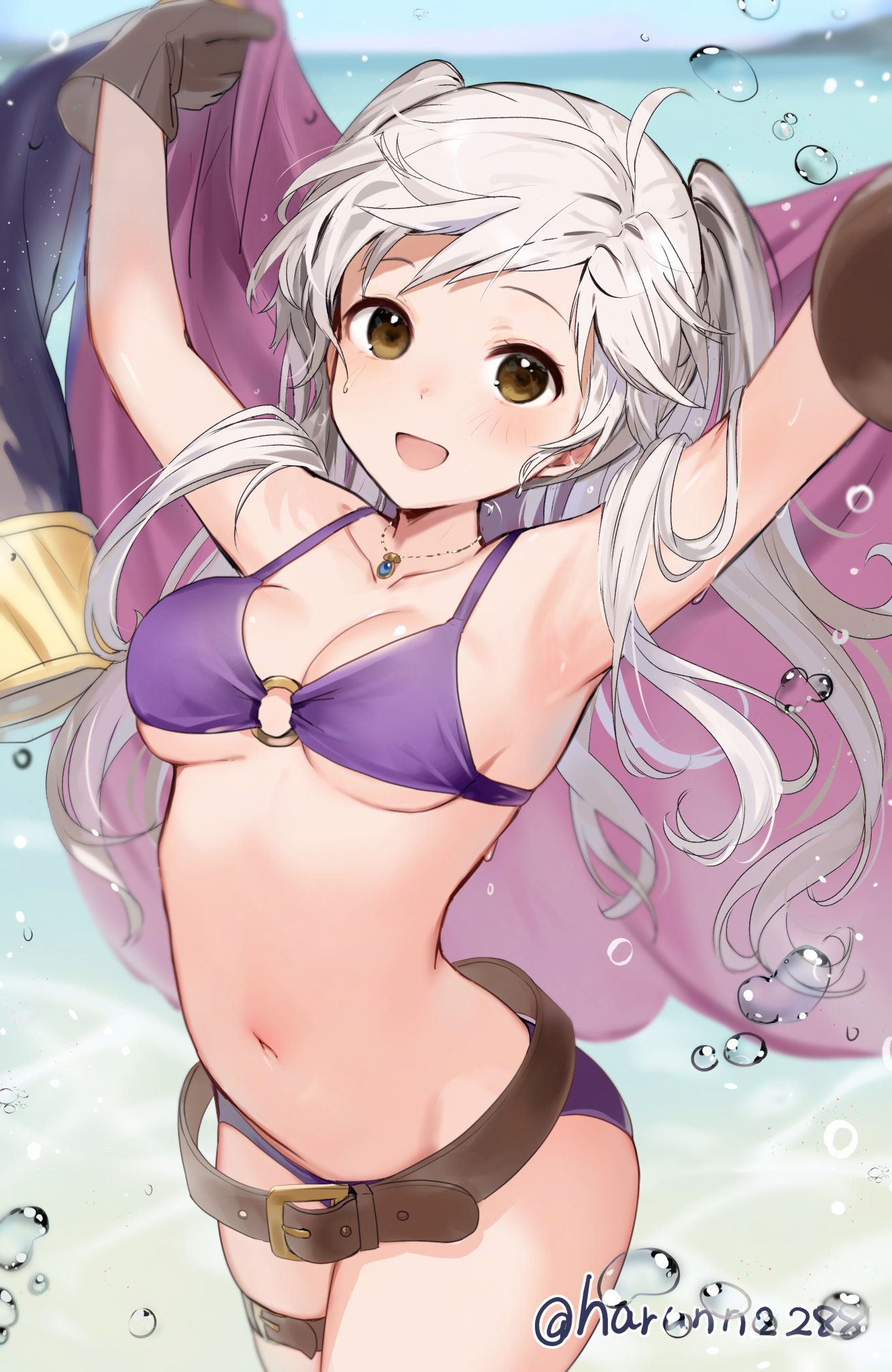 1girls, arms up, bikini, breasts, brown eyes, cute, female, fire emblem, fire emblem awakening, fire emblem heroes, grey hair, happy, happy face, haru (nakajou-28), harunn2288, looking at viewer, medium breasts, nintendo, robin (fire emblem), robin (fire emblem) (female), swimsuit, twintails
