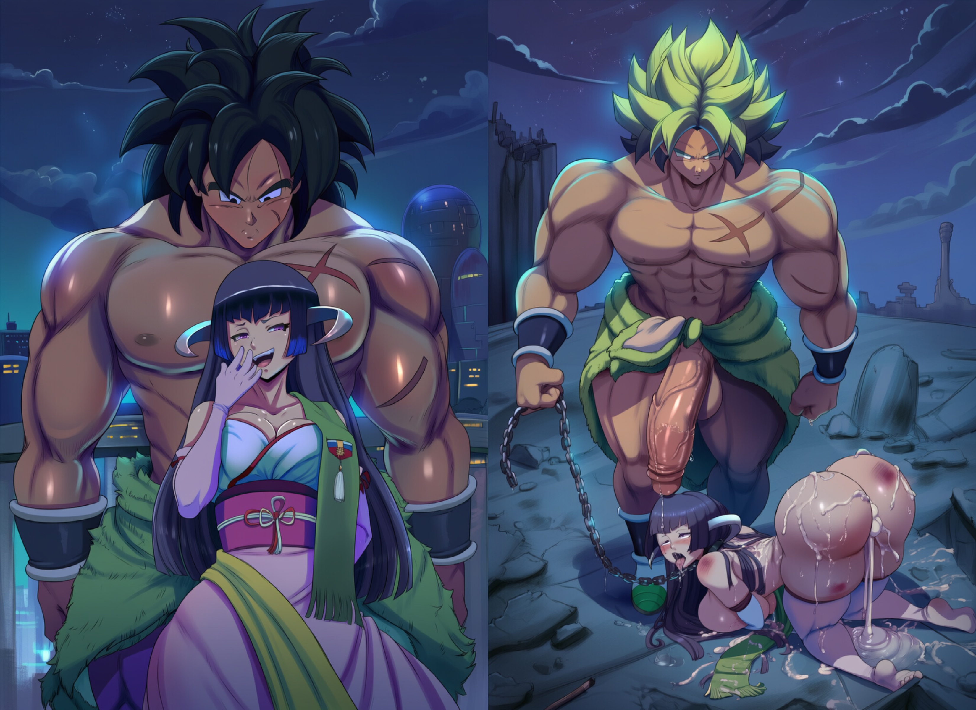 ai generated, beaten, before and after, before sex, broly, broly (dragon ball super), cocky, crossover, defeated, defeated villainess, defeated with sex, domination, dragon ball, featherine augustus aurora, fucked, fucked into submission, fucked senseless, huge ass, imminent defeat, imminent rape, instant loss 2koma, muscular male, rape, raped, size difference, torn clothes, umineko no naku koro ni, voluptuous, voluptuous female
