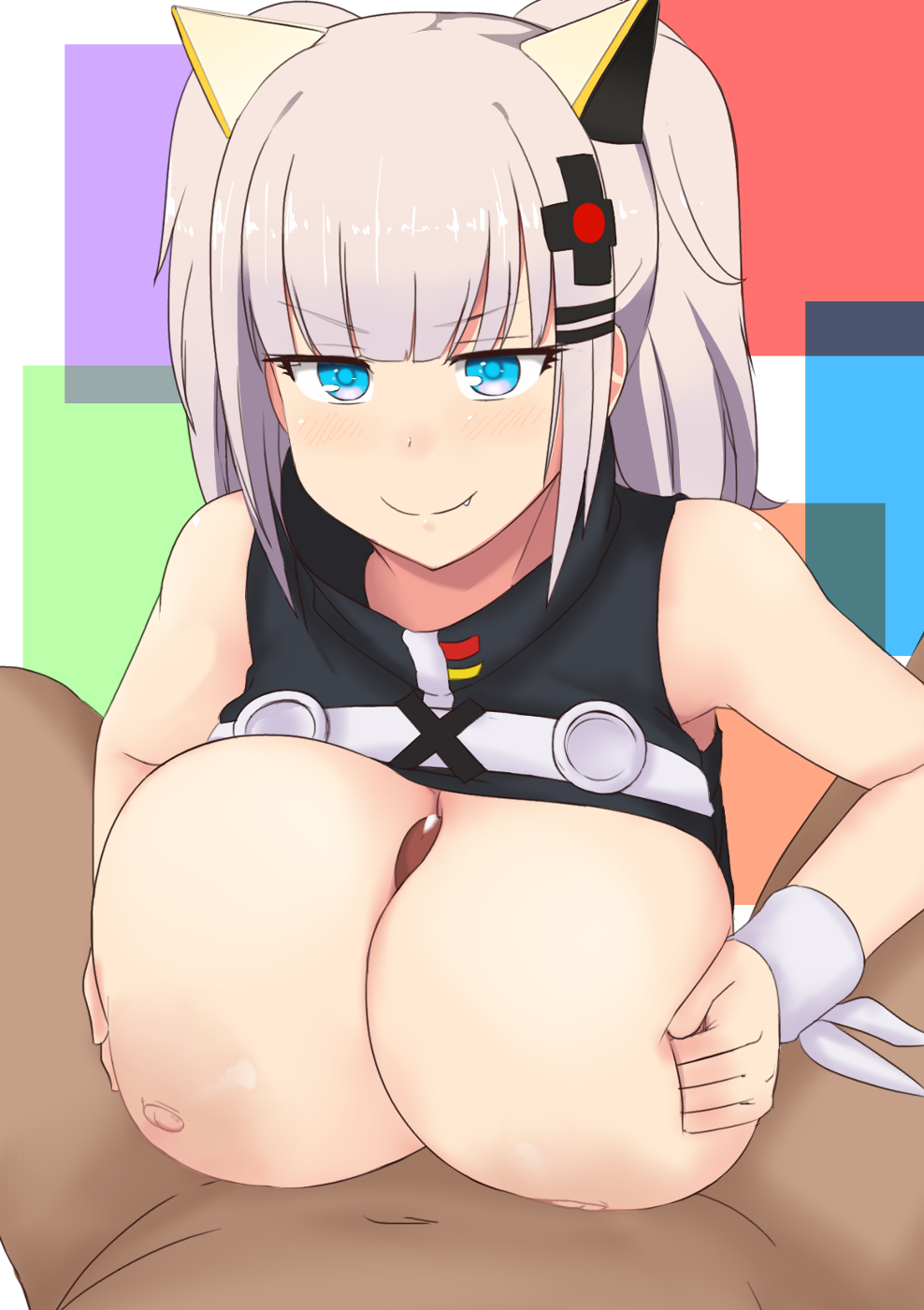 1boy 1girls areola between_breasts blue_eyes blush breast_hold breasts clothed_female_nude_male clothed_sex dark-skinned_male dark_skin female half-closed_eyes highres huge_breasts interracial kaguya_luna kaguya_luna_(character) large_areolae looking_at_viewer nao_(ritsancrossover) nipples obi oerba_yun_fang paizuri penis pov sex short_hair silver_hair smile straight virtual_youtuber