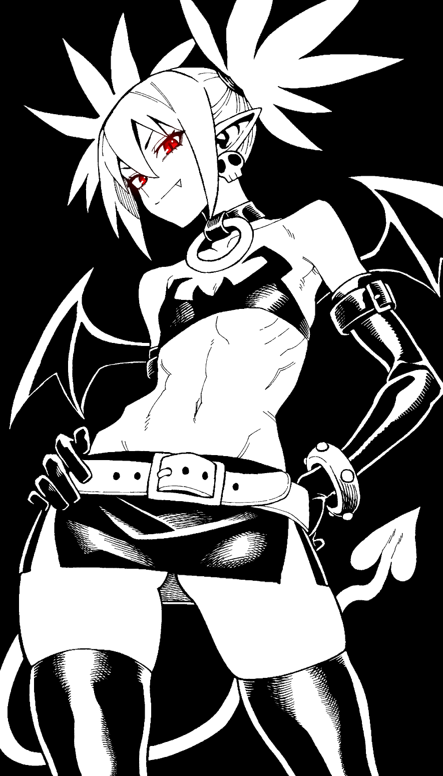 bare shoulders, bat wings, belt, choker, closed mouth, contrast, cute fang, demon, demon girl, demon tail, demon wings, disgaea, disgaea 1, earrings, elbow gloves, etna, female, flat chest, gloves, hair between eyes, highres, jewelry, miniskirt, monochrome, navel, nippon ichi software, o-ring, o-ring choker, oerba yun fang, pointy ears, red eyes, skindentation, skirt, skull earrings, slit pupils, solo, spiked bracelet, spot color, tail, thighhighs, websake, wings