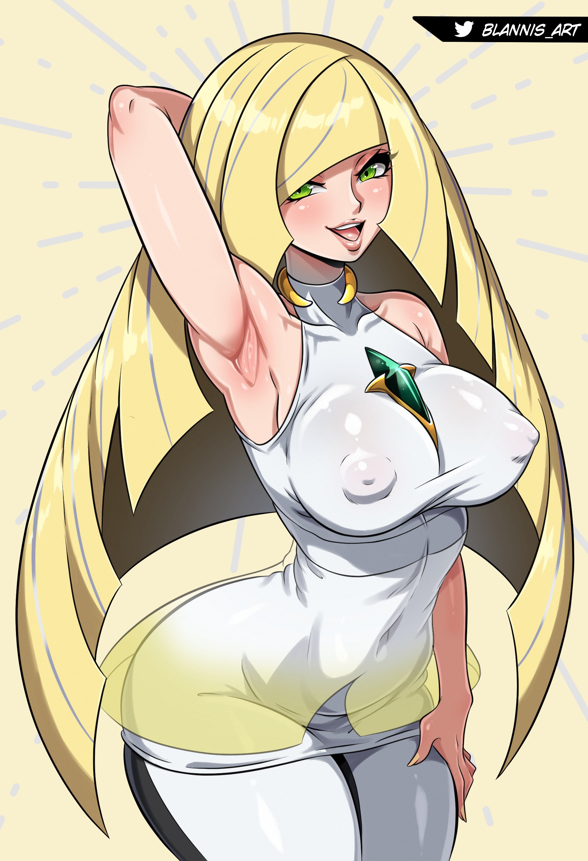 1girls, absurdres, arm behind head, arm up, armpits, artist name, bare shoulders, big breasts, black pantyhose, blannis art, blonde hair, breasts, covered erect nipples, covered navel, creatures (company), dress, eyelashes, female, female focus, female only, fingernails, from side, game freak, green eyes, hand on own thigh, highres, leaning forward, lips, long fingernails, long hair, looking at viewer, looking to the side, lusamine (pokemon), mature female, nail polish, nintendo, open mouth, pantyhose, pokemon, pokemon sm, simple background, sleeveless, sleeveless dress, smile, solo, teeth, thick thighs, two-tone pantyhose, upper teeth, white dress, white pantyhose, yellow background, yellow nails