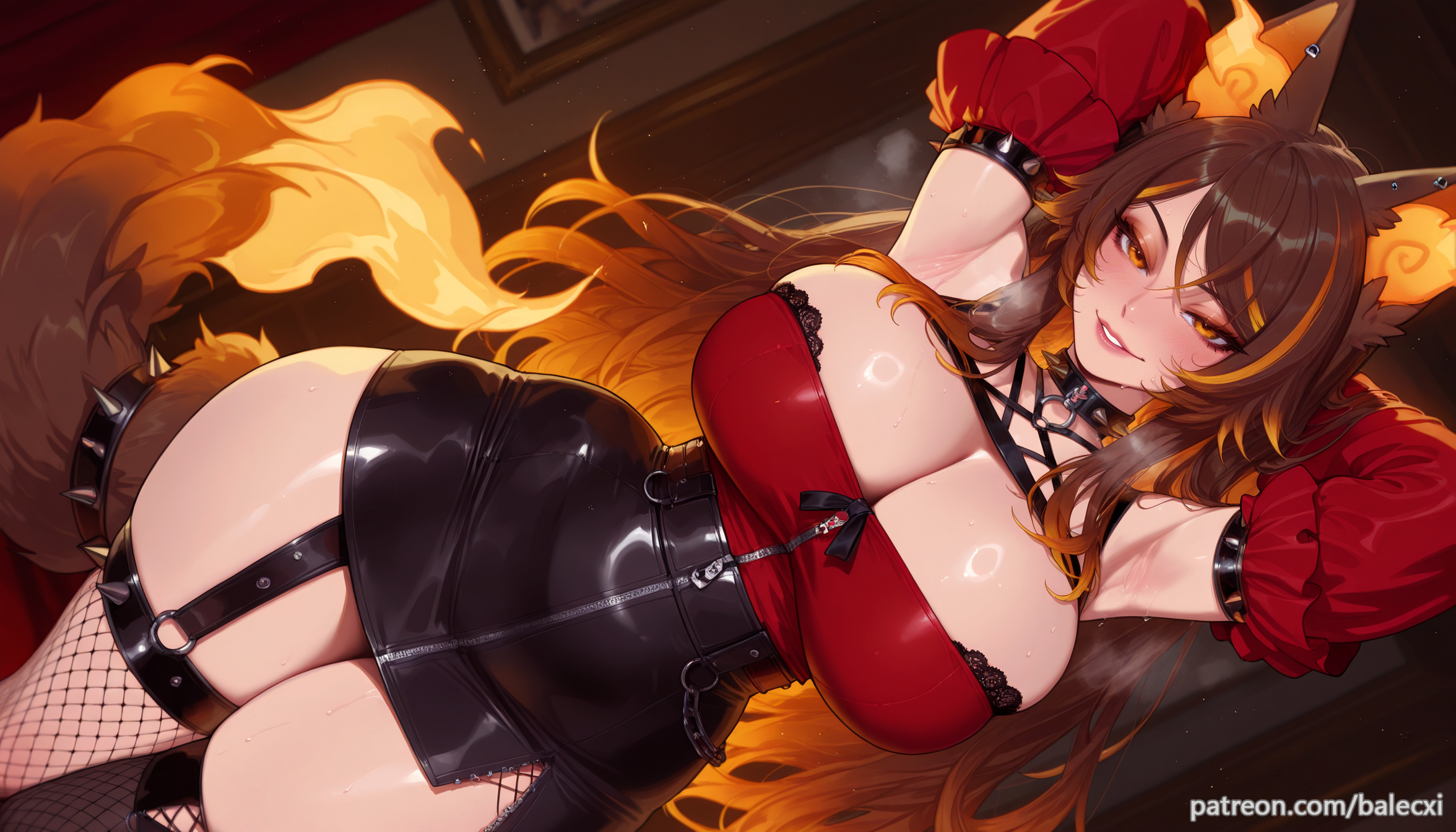 ai generated, animal ears, armpits, arms behind head, balecxi, big breasts, breasts, brown hair, cleavage, detached sleeves, female, fishnet thighhighs, fishnets, garter straps, hellhound, large breasts, long hair, looking at viewer, multicolored hair, orange hair, patreon username, sinder (vtuber), solo, spiked collar, spikes, thick thighs, thighhighs, twitch, virtual youtuber, wolf, wolf ears, wolf girl, wolf tail, youtube