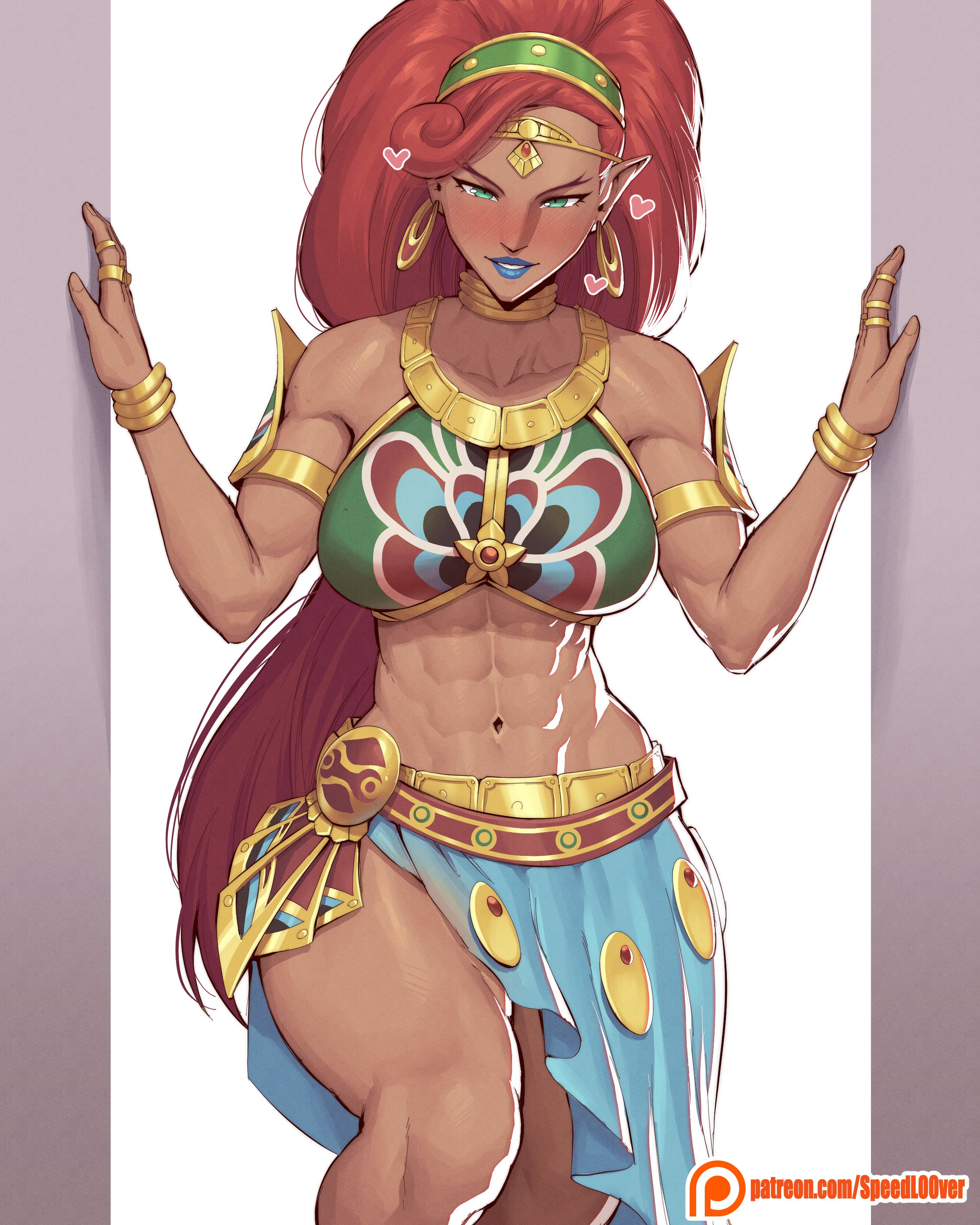 <3, 1girls, abs, alternate skin color, blue lipstick, blush, blush lines, blushing, breath of the wild, brown-skinned female, dark skin, dark-skinned female, earrings, female, gerudo, gold jewelry, green eyes, heart, heart symbol, hoop earrings, jewelry, long hair, looking at viewer, muscles, muscular, muscular female, patreon, patreon logo, patreon url, patreon username, red hair, revealing clothes, ring, simple background, speedl00ver, straight hair, the legend of zelda, tiara, urbosa