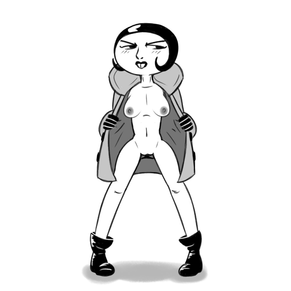 2010s 2017 african_female black_and_white black_hair black_lipstick blush boots bottomless bottomless_female breasts brit_crust buckteeth cally_b digital_drawing_(artwork) flashing gloves hoodie looking_away my_life_as_a_teenage_robot nickelodeon nude_underneath presenting pussy short_hair vagina