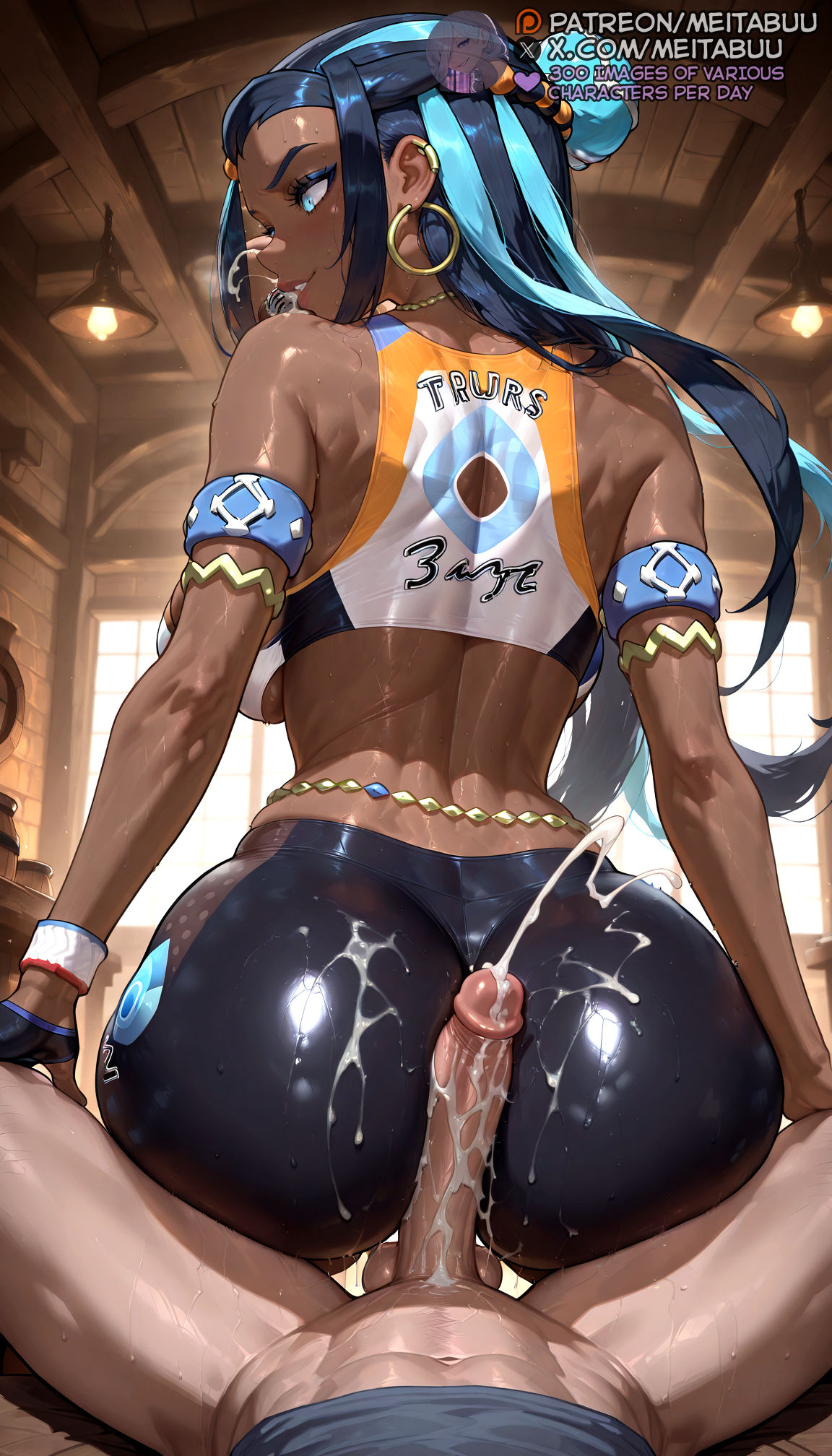 1boy, 1girls, ai generated, armlet, ass, ass focus, assjob, back, backboob, bare shoulders, belly chain, big breasts, bike shorts, bikini, black gloves, black hair, blue eyes, blue eyeshadow, blue hair, blush, breasts, buttjob, cowgirl position, crop top, cum, cum on ass, cum on body, cum on clothes, dark skin, dark-skinned female, dark-skinnedsub, duo, earclip, earrings, ejaculation, erection, eyeliner, eyeshadow, female, from behind, gloves, grinding, hair bun, hoop earrings, huge ass, indoors, interracial, jewelry, large breasts, light skin, light-skinned male, long hair, looking at viewer, looking back, makeup, male, median furrow, meitabuu, multicolored hair, necklace, nessa (pokemon), pants, penis, penis on ass, piercing, pokemon, pov, projectile cum, reverse cowgirl position, single hair bun, sitting, sitting on person, smile, solo focus, sports bra, straddling, straight, sweat, swimsuit, tankini, tight clothes, tight pants, two-tone hair, uncensored, yoga pants