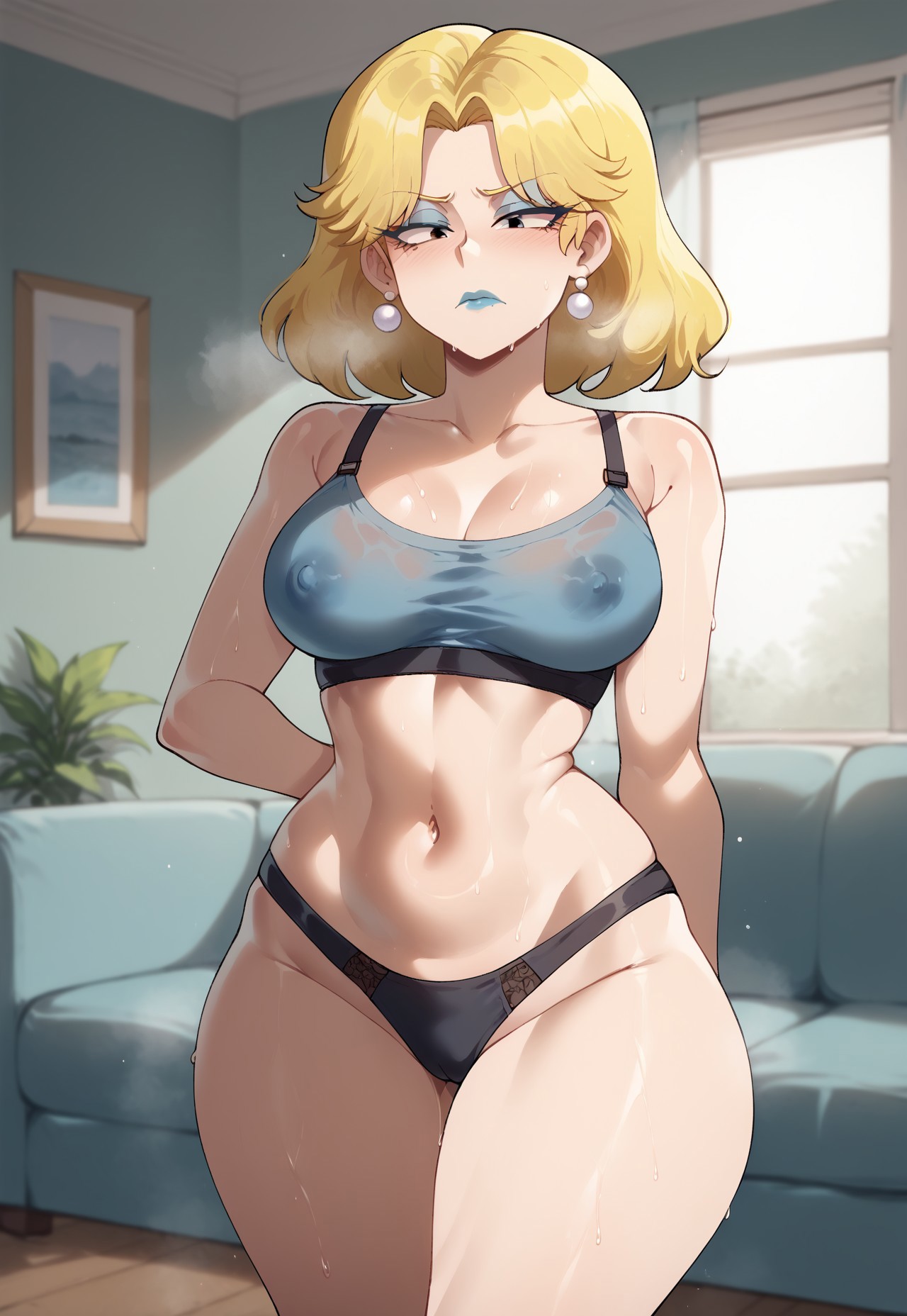 ai generated, annoyed, annoyed expression, ass, big ass, big breasts, black panties, blonde hair, blue bra, bra, breasts, civitai, earrings, eyeshadow, female, female focus, female only, hands on hips, ihatethemic, large ass, large breasts, lori loud, makeup, medium hair, midriff, navel, nickelodeon, nipple bulge, panties, piercings, short hair, solo, solo female, solo focus, sports bra, standing, sweaty, sweaty body, tagme, the loud house, thick ass, thick thighs, wide hips