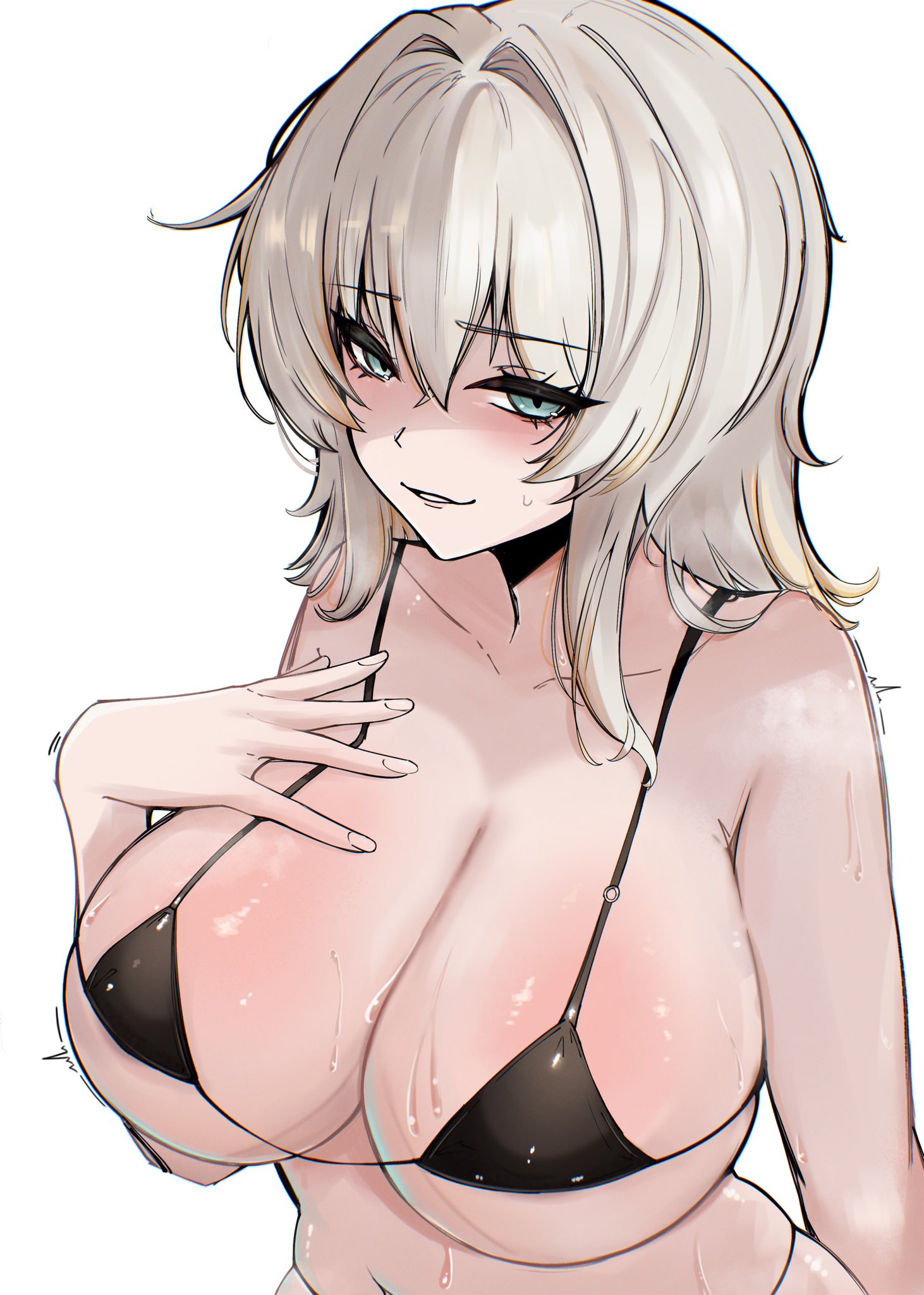 1girls, black bikini, blue eyes, blush, breasts, busty, busty female, cleavage, eyebrows visible through hair, eyelashes visible through hair, faust (limbus company), female, female focus, female only, large breasts, light skin, light-skinned female, limbus company, looking at viewer, m ayonessa, medium hair, micro bikini, multicolored hair, open mouth, project moon, sole female, sweat, sweating, the one who grips faust (limbus company), tremble spikes, white background, white hair