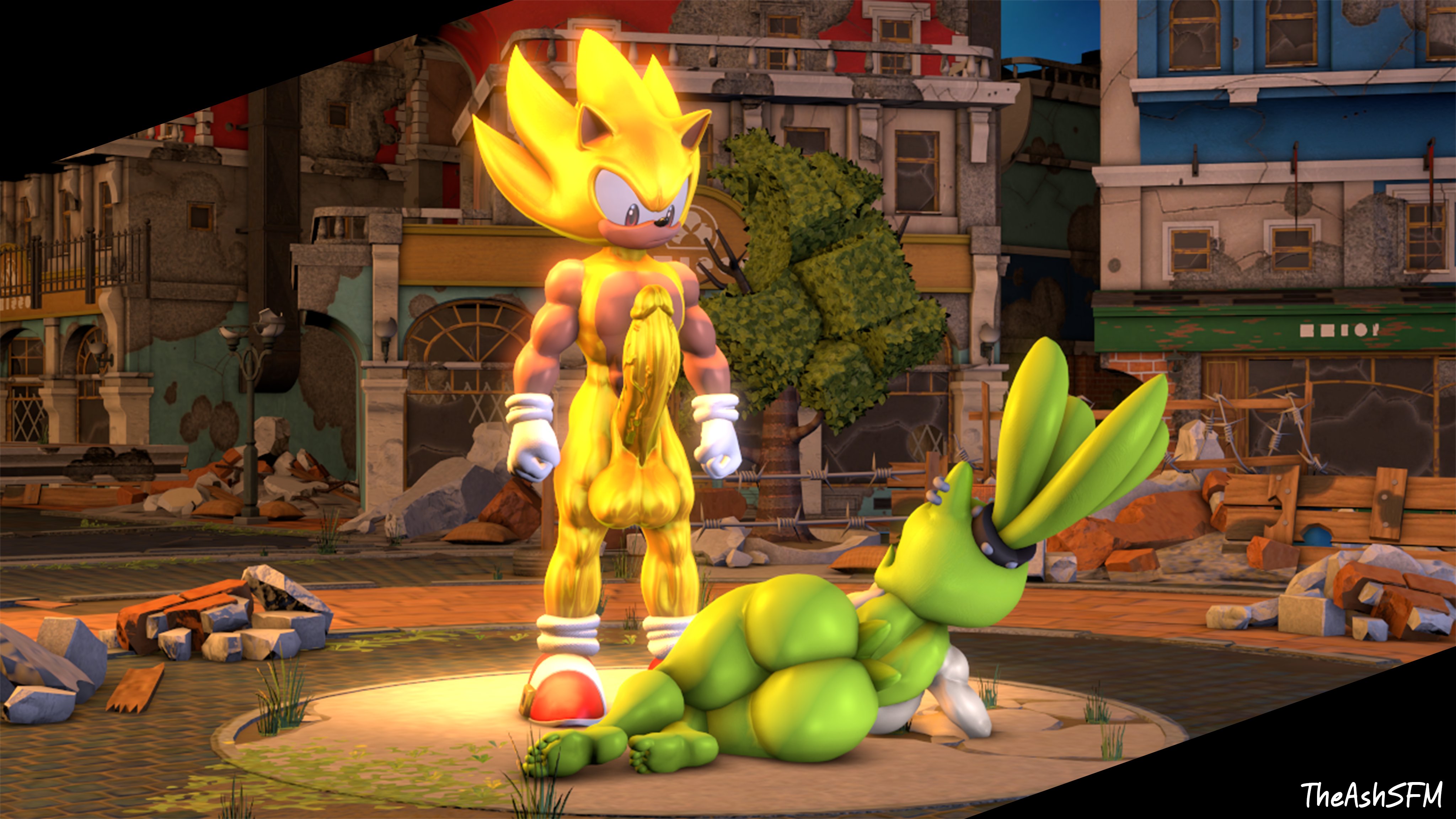 1boy, 1girls, 3d, 3d (artwork), 3d model, 3d render, animal ears, anthro, ass, balls, barefoot, big ass, big balls, big butt, big penis, black nose, bubble ass, bubble butt, casual, cock, destroyed building, destroyed city, erection, female, footwear, fur, furry, gloves, gold, golden hair, green body, green fur, green hair, green skin, handwear, handwear and footwear only, hedgehog, huge cock, idw comics, idw publishing, large penis, looking down, male, mammal, meme, mobian, mobian (species), mobian tenrec, muscular, muscular male, naked, nude, penis, piercing, ponytail, pose, red eyes, rogue dat ass (meme), sega, shoes, sonic (series), sonic the hedgehog, sonic the hedgehog (comics), sonic the hedgehog (idw), sonic the hedgehog (series), spiky hair, super sonic, surge the tenrec, tail, tenrec, theashsfm, thick ass, thick thighs, thighhighs, thighs, veiny penis, video games