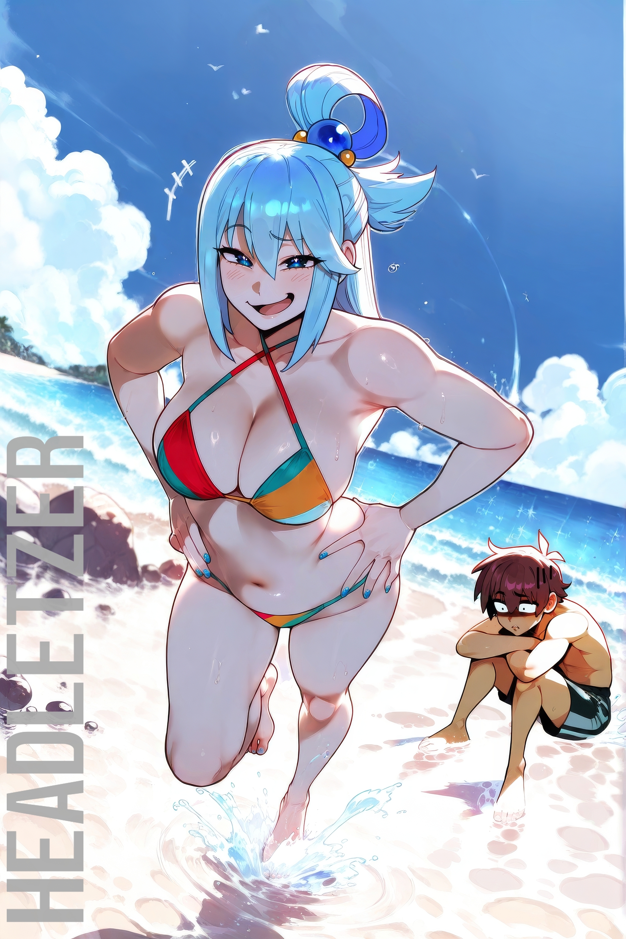 1boy, 1girls, ai generated, aqua (konosuba), beach, bikini, blonde hair, blue eyes, breasts, female, headletzer, kono subarashii sekai ni shukufuku wo!, konosuba, male, satou kazuma, tagme, thighs, tits
