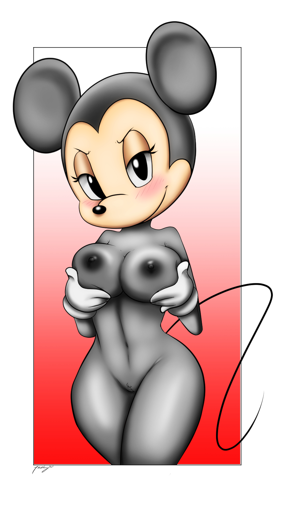 alternate_body_type alternate_breast_size anthro areola bedroom_eyes big_breasts black_eyes black_fur black_nipples black_nose blush breasts disney female fur gradient_background half-closed_eyes holding_breast mammal minnie_mouse mouse navel nipples presenting presenting_breasts pussy rodent seductive signature simple_background skinny_tail smile solo tushy_artist