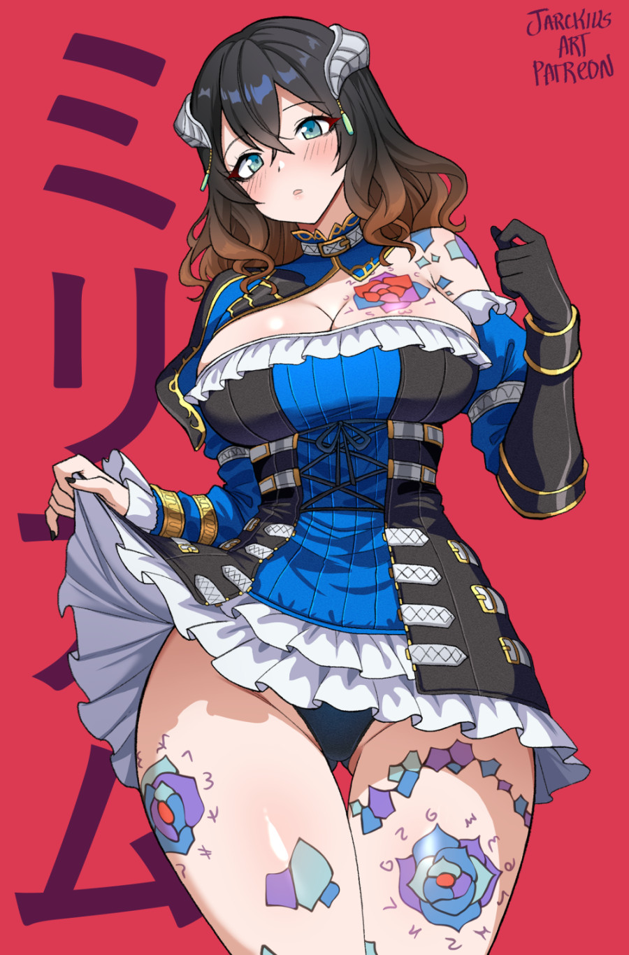 1girls, big breasts, bloodstained: ritual of the night, blue eyes, breasts, brown hair, brunette hair, busty, child bearing hips, cleavage, female, female only, hips, horns, jarckius, large breasts, light skin, light-skinned female, miriam (bloodstained), panties, thick, thick thighs, thigh gap, thighs, wide hips