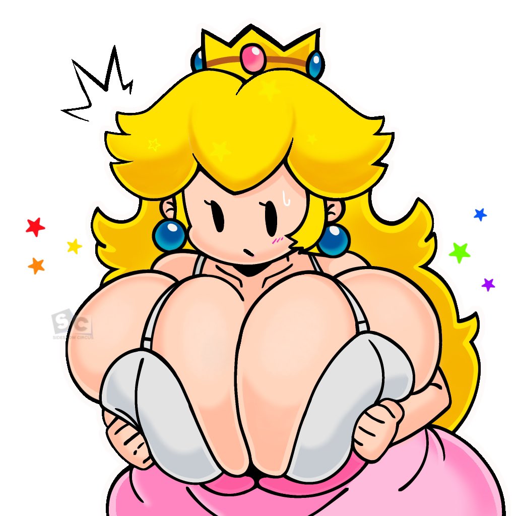 1girls, adorable, ass, barely contained breasts, big ass, big breasts, black eyes, blonde hair, blush, br33zyg0re, bra, breast expansion, breast growth, breast growth (enlargement), breasts, crown, cute, earrings, female, holding breast, huge ass, huge breasts, mario (series), paper mario, paper peach, pink dress, pink skirt, princess peach, sideshow circus, squishing breasts, stars, sweatdrop, thick thighs, topless, white bra, wide hips