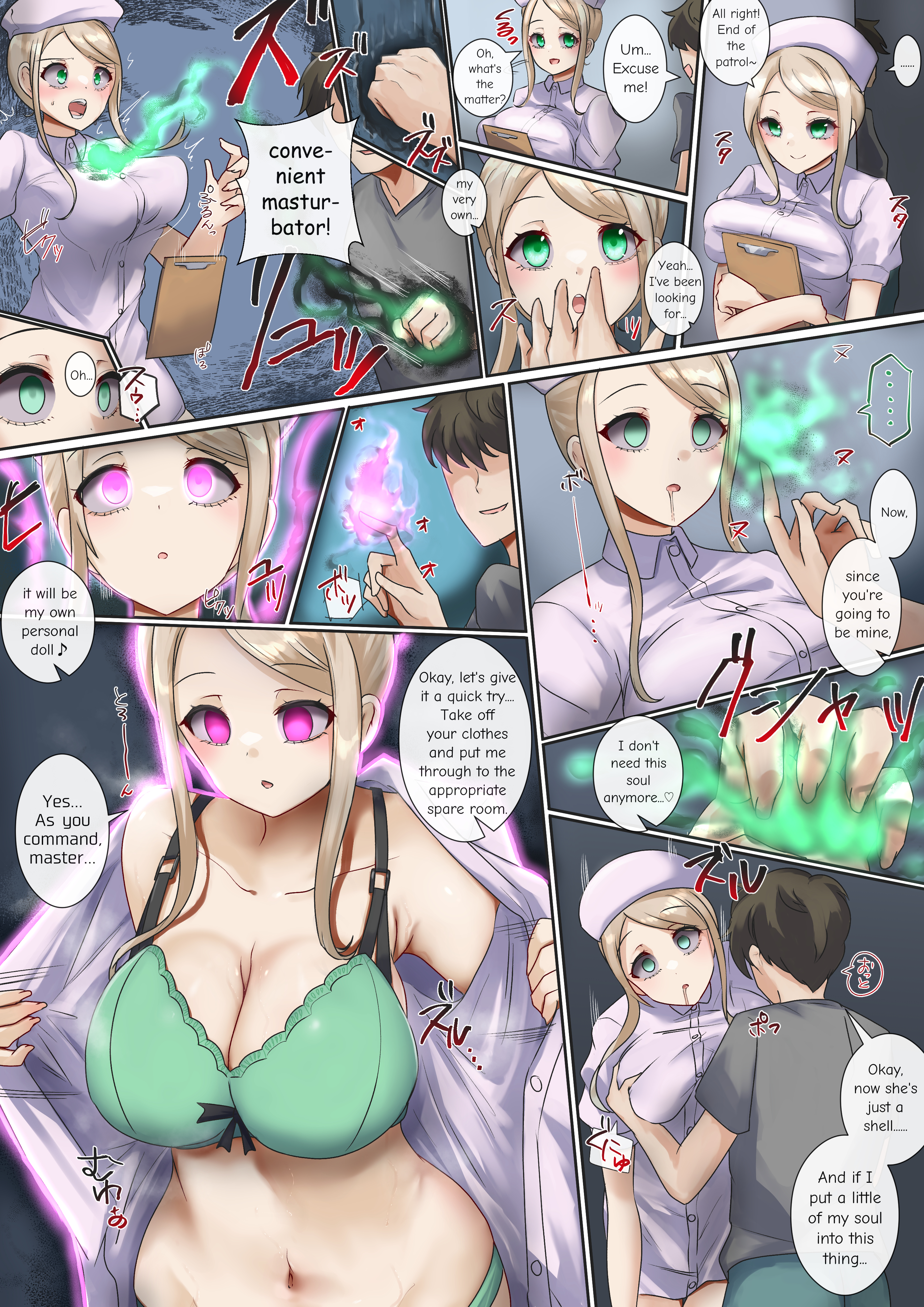 10koma, 1girls, blonde hair, blush, bow, bow bra, bra, breasts, close rim open, clothing, comic, death, empty eyes, english text, female, glowing eyes, green bra, green eyes, green panties, legs together, long hair, male, matching underwear, navel, nurse, open mouth, panties, pink eyes, possession, spirit, text, translated, unaware hypnosis, undressing, wide hips