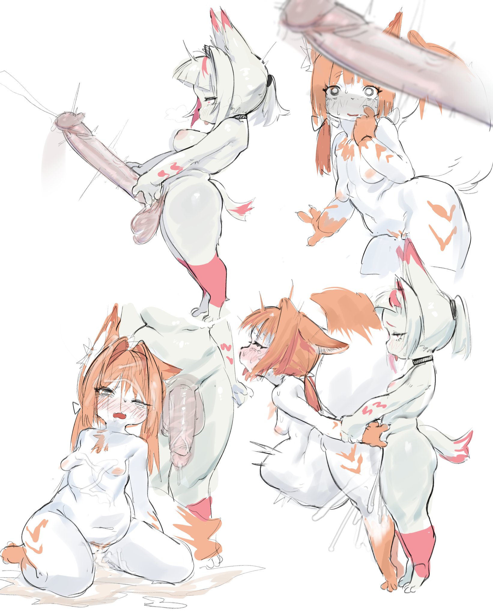 1futa, anthro, belly bulge, breasts, censored, cum, erection, female, furry, futa on female, futanari, intersex, kemonomimi, leaking cum, midnightsunz456, orange body, orange hair, penis, penis awe, pink body, small breasts, standing, standing sex, tagme