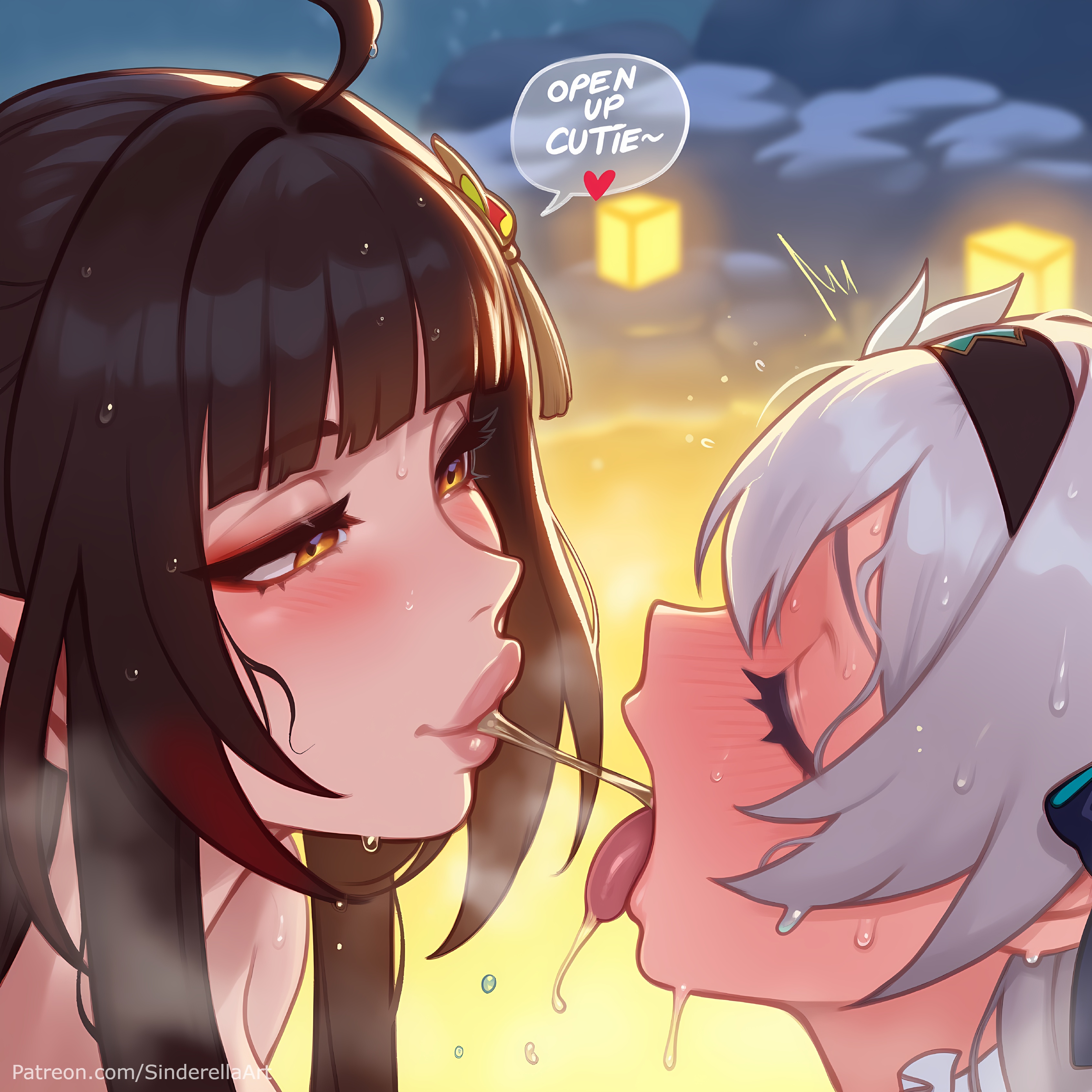 2girls, ai generated, caption, comic, comic page, commission, female, firefly (honkai: star rail), honkai: star rail, lingsha (honkai: star rail), patreon, patreon url, patreon username, sinderellaart, spitting, text, text bubble, yuri