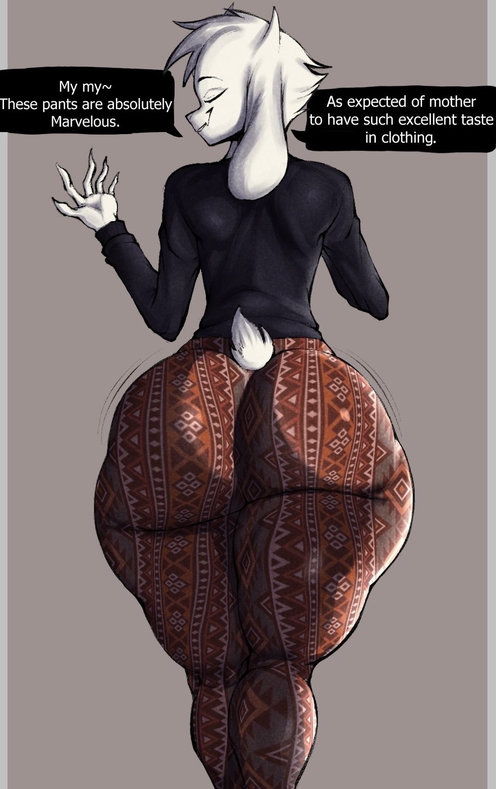 anthro, asriel dreemurr, ass, big ass, big butt, boss monster (undertale), bottomwear, bovid, caprine, clothed, clothing, demonkingdaemon, dialogue, femboy, femboy asriel, flare pants, forbidden pants, fully clothed, fur, furgonomic pants, goat, hair, hi res, horn, huge ass, huge butt, long ears, male, mammal, pants, rear view, smile, solo, speech bubble, standing, thick thighs, tight clothing, undertale, undertale (series), white body, white fur, white hair, wide hips, yoga pants