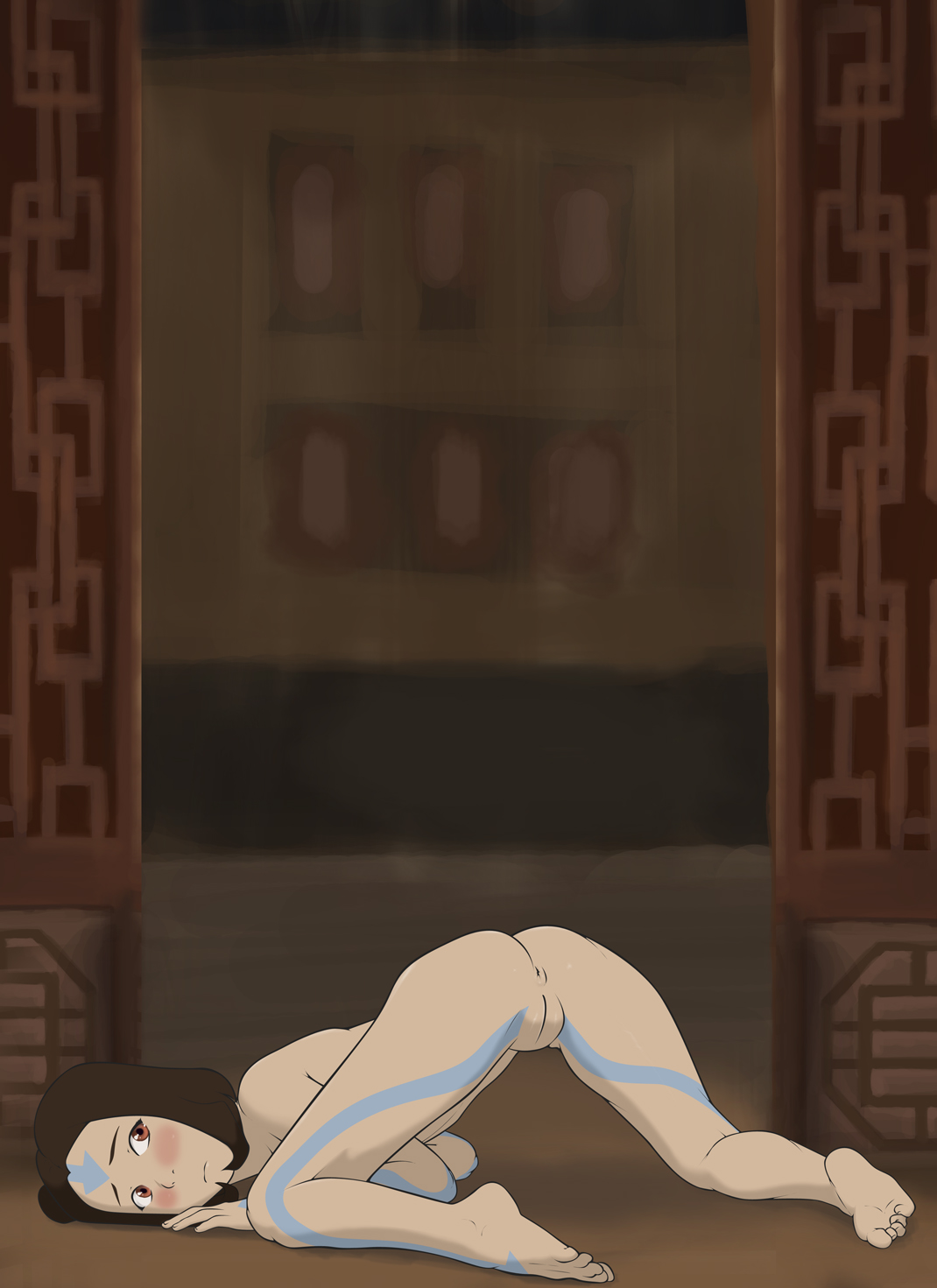 1girls, air nomad, anaxus, anus, ass, avatar the last airbender, backpussy, backside, barefoot, blush, brown hair, embarrassed, female, female only, head down ass up, jinora, looking at viewer, lying down, naked, nickelodeon, nude, nude female, on floor, pussy, room, short hair, solo, tagme, tattoo, the legend of korra, young