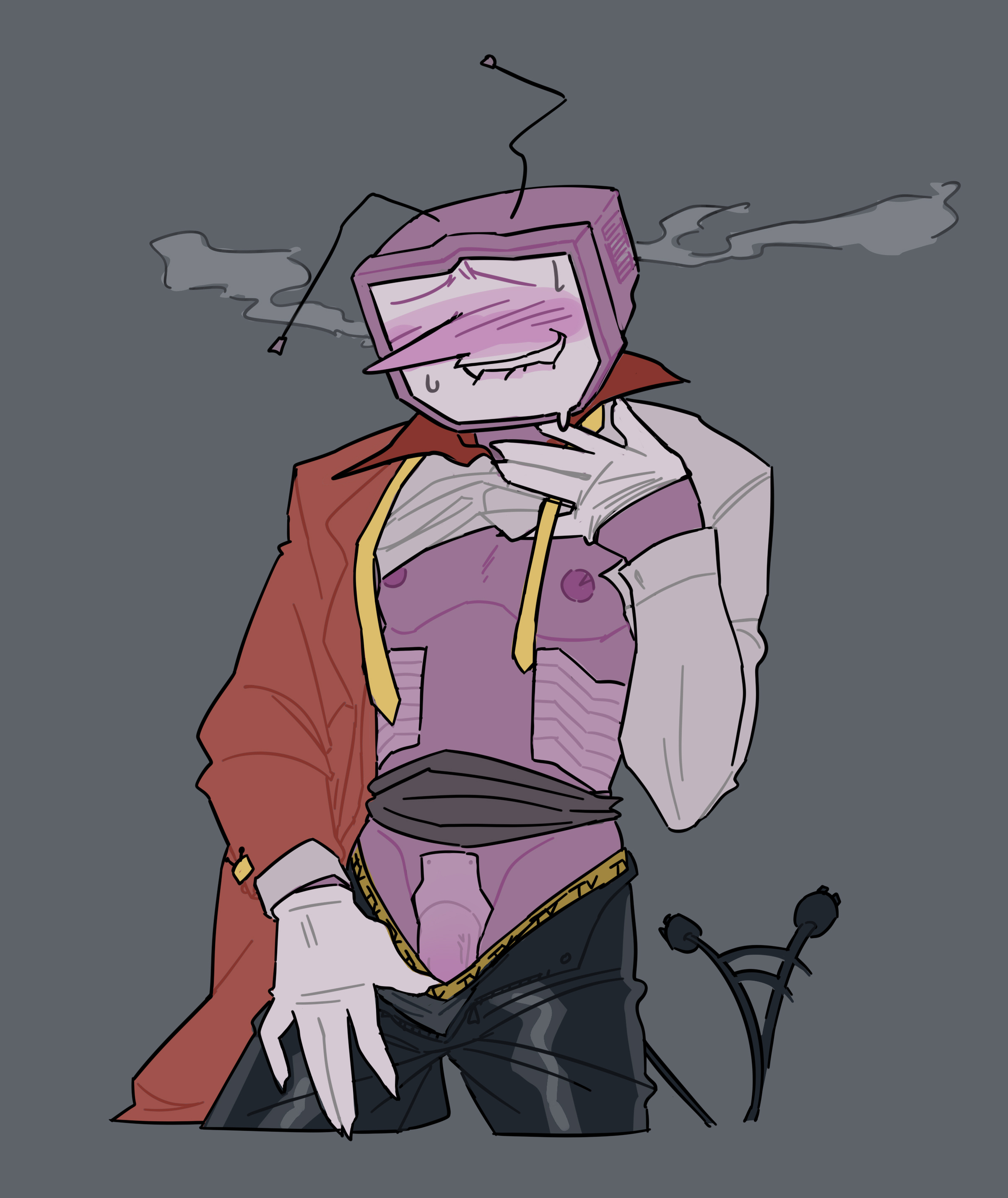 biting lip, deltarune, excited, gloves, lifting shirt, looking at viewer, lowering pants, male, messy clothing, nervous smile, partially clothed, penis, presenting, presenting penis, robot humanoid, sharp claws, sharp teeth, solo, solo focus, solo male, tenna (deltarune), tv head, unzipped pants, wagging tail