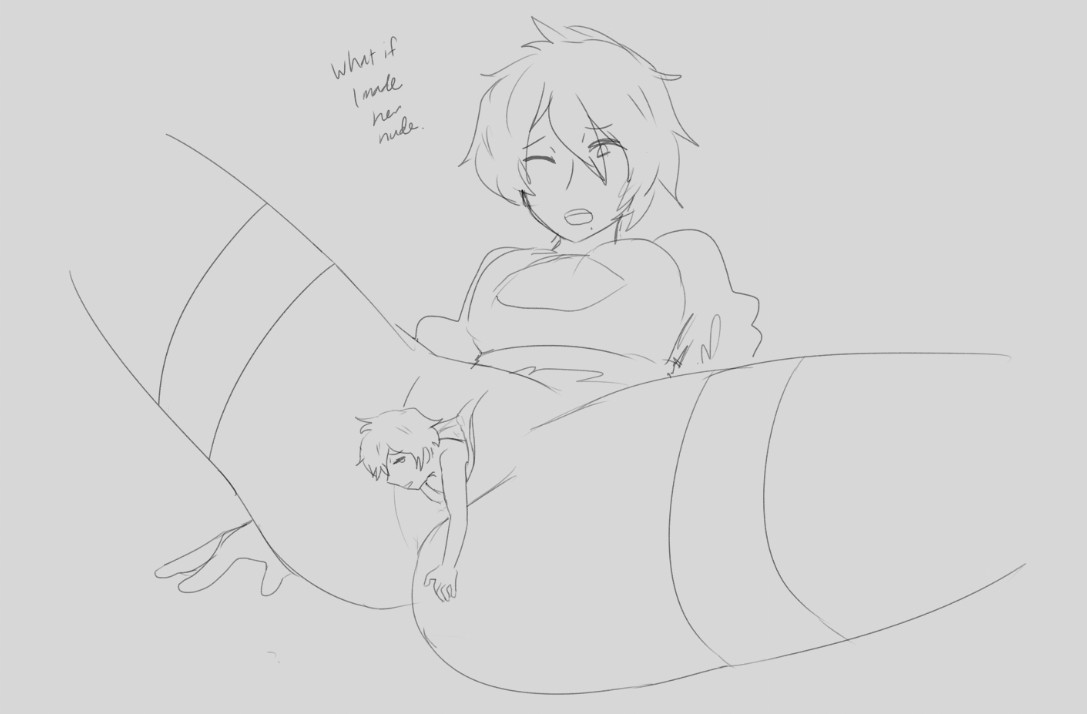 1boy, 1girls, bilefangz, bottomless, breasts, clothing, female, female pred, giantess, light skin, light-skinned female, light-skinned male, macro, male, male prey, micro, monochrome, nier, nier: automata, nude, pussy, short hair, size difference, sketch, spread legs, thighhighs, unbirthing, vore, white hair, yorha 2b, yorha 9s