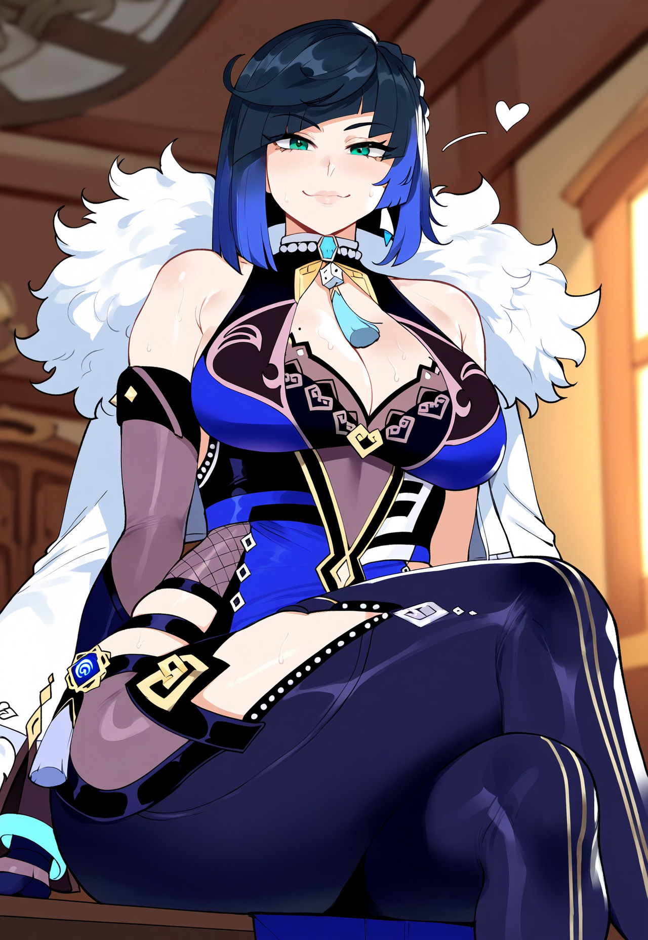 1girls, ai generated, ass, big breasts, black hair, blue eyes, breasts, female, female focus, genshin impact, green eyes, hips, huge ass, huge breasts, juuicyai, large breasts, mature female, milf, thick thighs, thighs, two-tone hair, wide hips, yelan (genshin impact)