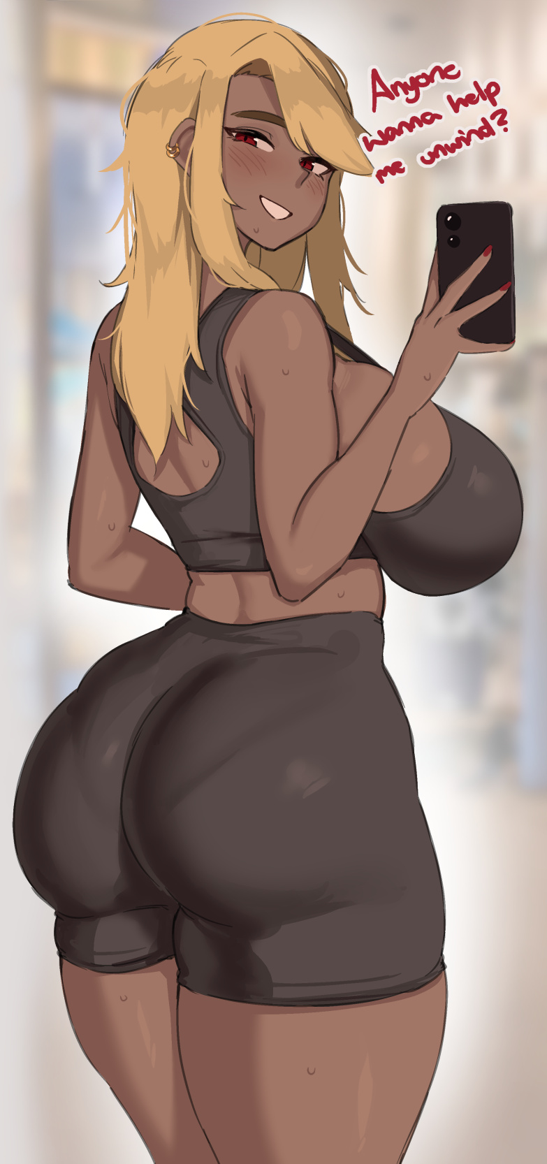 1girls, ass, big ass, big breasts, black bottomwear, black shorts, black topwear, blonde, blonde female, blonde hair, blonde hair female, blonde-haired female, blurry background, blush, blush lines, blushing, bottomwear, breasts, curvaceous, curvy, curvy body, curvy female, curvy figure, dark skin, dark-skinned female, dialog, dialogue, earrings, english, english text, eyebrows, female, female ass, female focus, female only, gold earrings, holding, holding object, holding phone, lailah (roresu), large ass, large breasts, multiple earrings, nail polish, nails painted, painted nails, phone, presenting ass, red eyes, red nail polish, red nails, roresu, shorts, sideboob, smile, smiling, solo, solo female, solo focus, spandex shorts, sports bra, standing, teeth, text, thick thighs, thighs, topwear