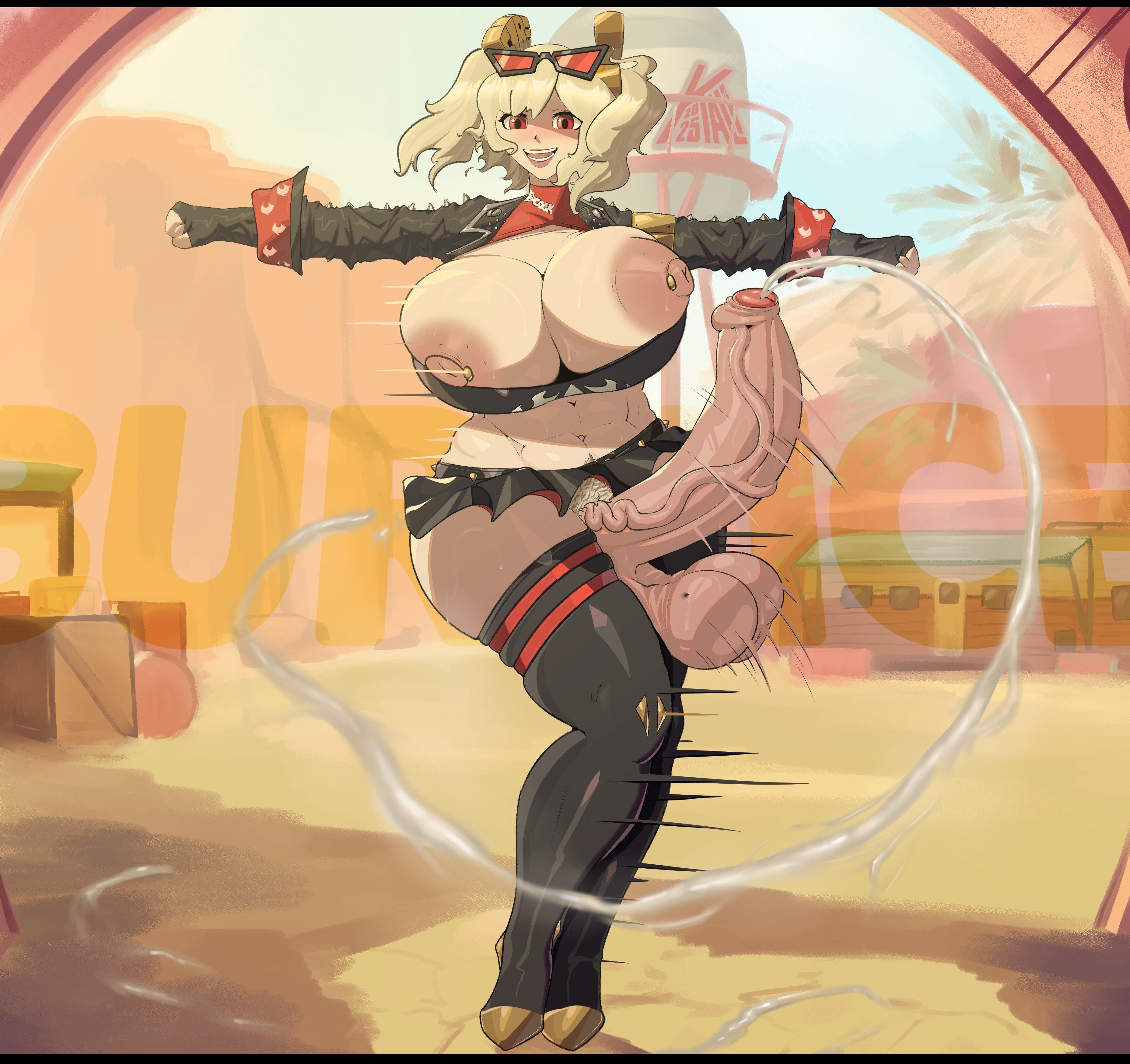 1futa, abs, breasts, breasts bigger than head, breasts out, burnice white, cum, ejaculation, erection, eyewear on head, foreskin, futa only, futanari, gigantic penis, huge breasts, huge cock, human, intersex, kalikias, large breasts, muscular, muscular futa, nipple piercing, penis, revealing clothes, skimpy, solo, solo futa, standing, uncircumcised, uncut, veiny penis, wardrobe malfunction, zenless zone zero