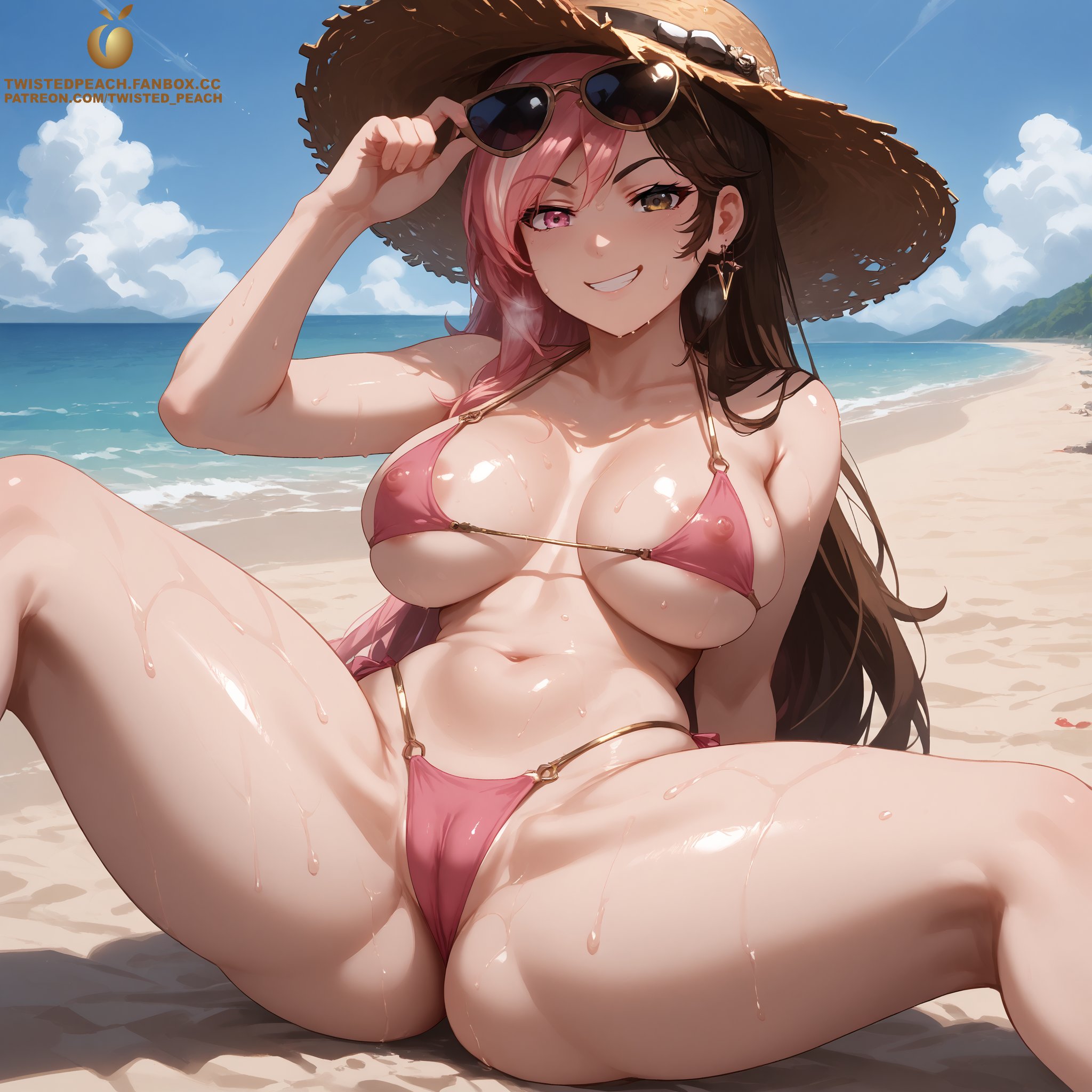 ai generated, areola slip, areolae, beach, bikini, bikini bottom, bikini top, black hair, breasts, cameltoe, female, hat, large ass, large breasts, large butt, large thighs, neo (rwby), posing, rwby, solo, solo female, solo focus, straw hat, sun hat, sunglasses, tagme, thick, thick ass, thick thighs, twistedpeach