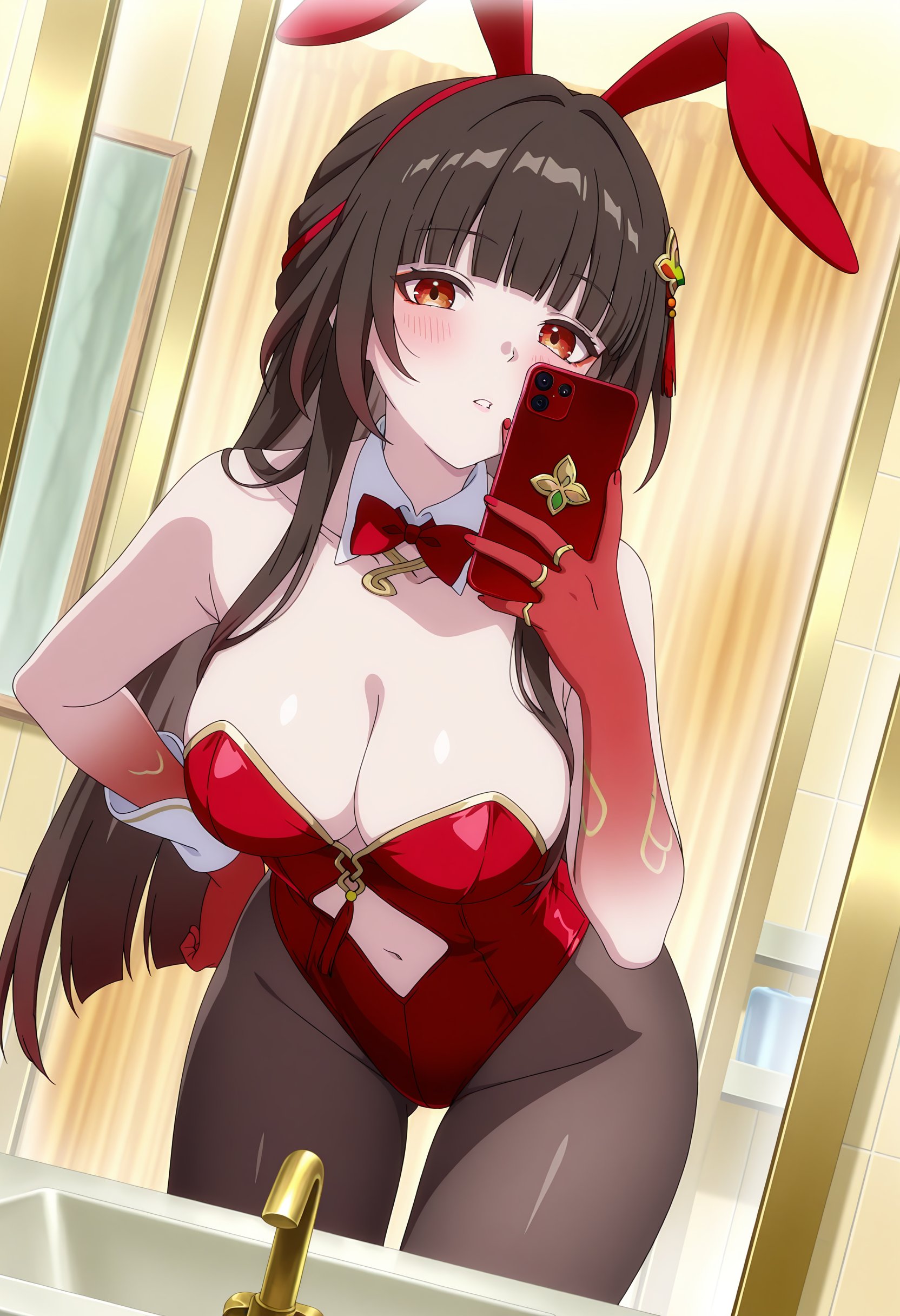 1girls, black hair, black pantyhose, breasts, brown eyes, bunny ears, bunnysuit, exposed stomach, female, honkai: star rail, hoyoverse, lingsha (honkai: star rail), long hair, mihoyo, mirror, mirror selfie, overboob, pantyhose, phone, phone camera, red arms, red bunny ears, red bunnysuit, red hands, selfie, sink, washroom