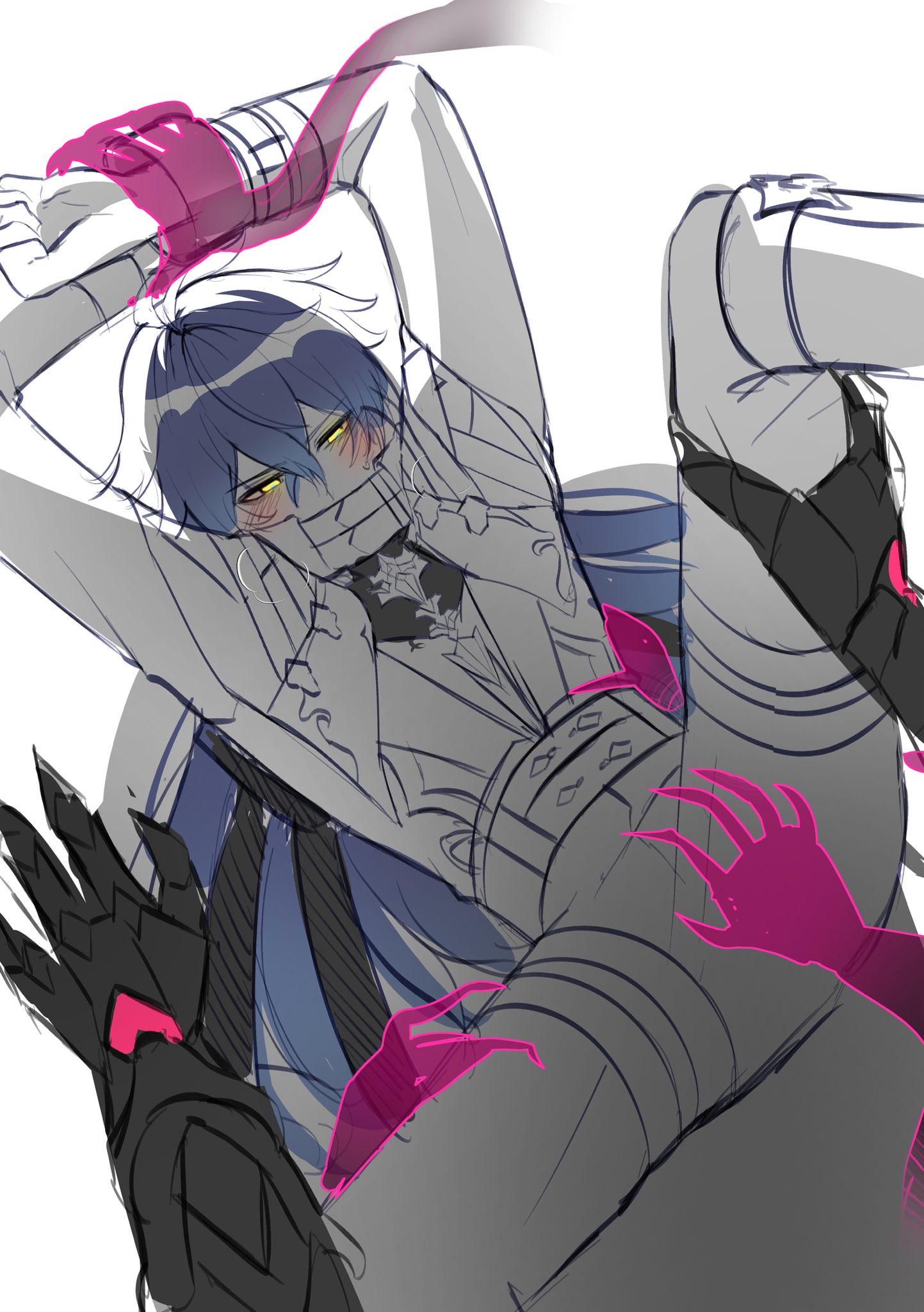 2boys, embarrassed, flins (genshin impact), fully clothed, gay, genshin impact, hand on thigh, hands, holding leg, male, male only, rerir (genshin impact), restrained, yaoi