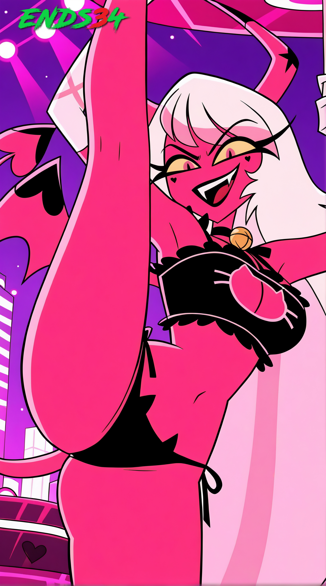 2025, ai generated, big breasts, breasts, cat girl, demon, demon girl, demon tail, ends34, female, female only, fit, helluva boss, horn, looking at viewer, one leg up, red body, succubus, tail, verosika mayday (helluva boss)