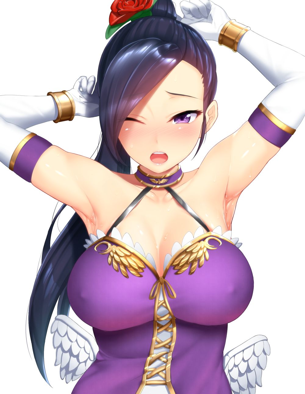armpits, arms up, azihurai, blush, breasts, cleavage, clothing, dragon quest, dragon quest xi, erect nipples, erect nipples under clothes, female, flower, gloves, hair ornament, jade (dq11), large breasts, looking at viewer, nipples, simple background, tagme, white background