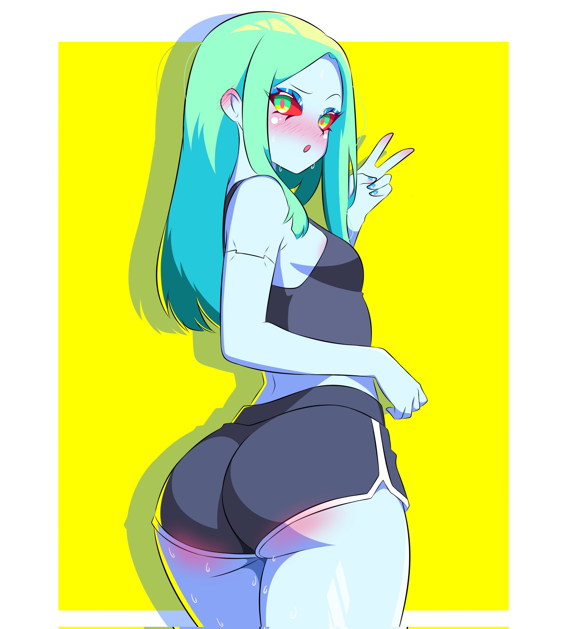 ass, ass focus, b1iz4rd, blush, cyberpunk: edgerunners, green hair, looking at viewer, looking back, open mouth, rebecca (edgerunners), red ass, red eyes, sportswear, sweat