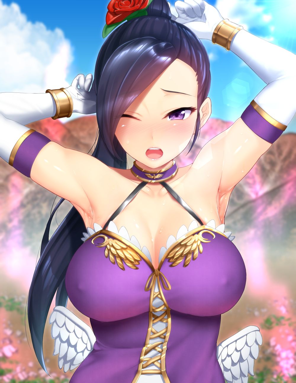 armpits, arms up, azihurai, blush, breasts, cleavage, clothing, dragon quest, dragon quest xi, erect nipples, erect nipples under clothes, female, flower, gloves, hair ornament, jade (dq11), large breasts, looking at viewer, nipple bulge, nipples, tagme