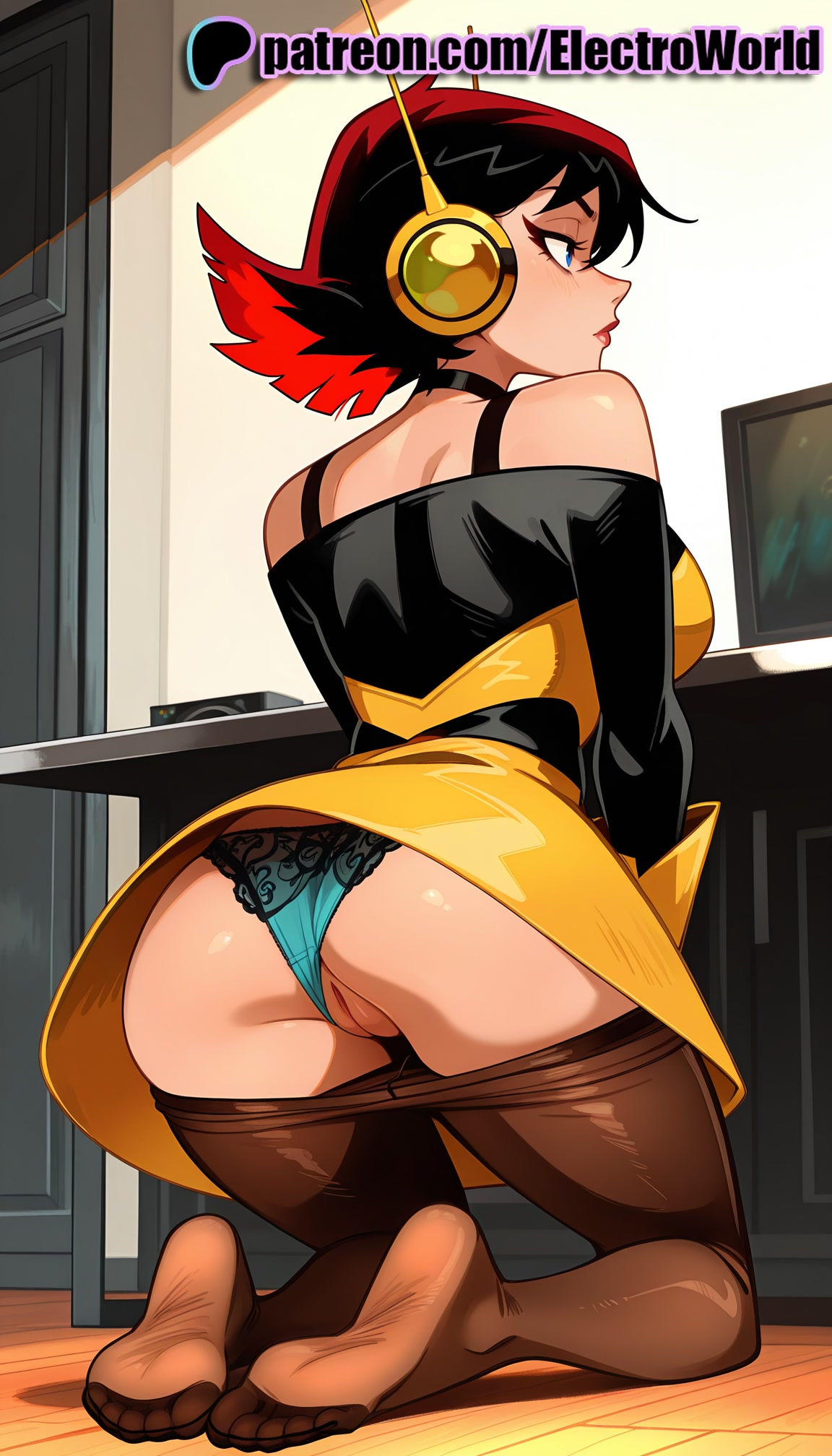 1girls, 2025, ai generated, anus, artist name, ass, bare shoulders, black hair, blue eyes, choker, clitoral hood, clitoris, clothing aside, desk, electroworld, exposed anus, exposed pussy, feet, female, headphones, hi res, high quality, high resolution, highres, juicy pussy, marvel, marvel comics, multicolored hair, off shoulder, panties, panties aside, pantyhose, patreon, patreon username, pussy, short hair, solo, stable diffusion, the avengers: earth's mightiest heroes, tight anus, tight pussy, toes, torn clothes, torn legwear, two-tone hair, underwear, vagina, wasp (earth's mightiest heroes), wasp (marvel), watermark