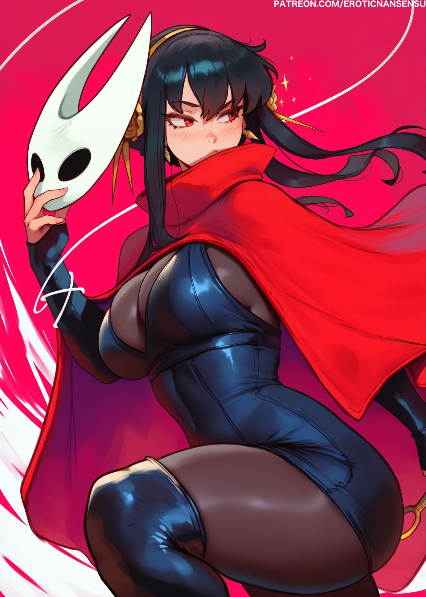 1girls, 2025, 2d, 2d (artwork), ai assisted, ai generated, black bodysuit, black hair, bodysuit, breasts, character mask, cloak, cosplay, covered navel, digital drawing (artwork), erotic nansensu, female, female only, hair up, hairband, highres, holding, holding mask, holding weapon, hollow knight, hollow knight: silksong, horned mask, hornet (hollow knight) (cosplay), jpeg, large breasts, mask, multicolored background, multiple views, red cloak, red eyes, sfw, sidelocks, solo, spy x family, weapon, white hairband, white mask, yor briar, yor forger