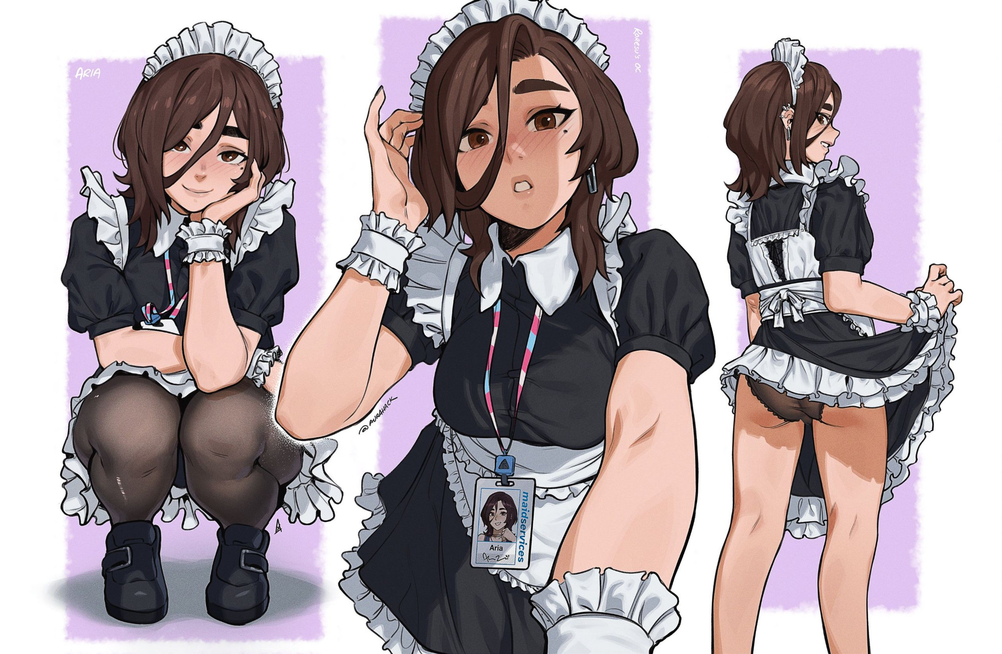 1girl, aria (roresu), aurahack, cute, flashing, flashing panties, lanyard, maid, small breasts, tagme, trans woman, transfem, transgender, transgender pride colors