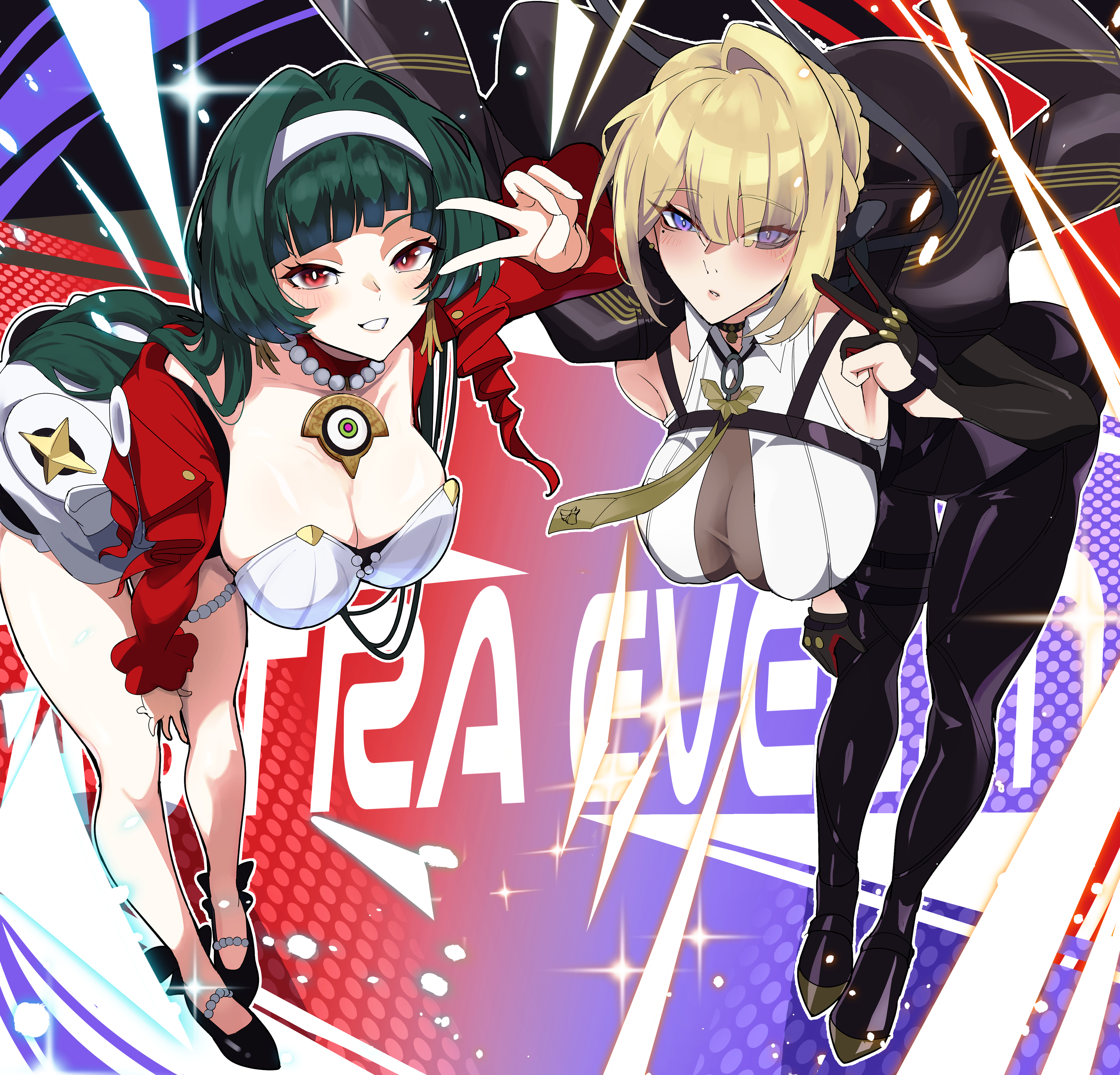 2girls, absurdres, astra yao, bent over, black footwear, black hair, black jacket, black pants, blonde hair, breasts, character name, cleavage, collarbone, collared shirt, covered erect nipples, dress, evelyn chevalier, female, female only, hairband, highres, jacket, jacket on shoulders, large breasts, looking at viewer, multiple girls, pants, purple eyes, red eyes, shirt, shoes, sleeveless, sleeveless shirt, smile, tight clothes, tight pants, v, white dress, white hairband, white shirt, yamada otonari, zenless zone zero