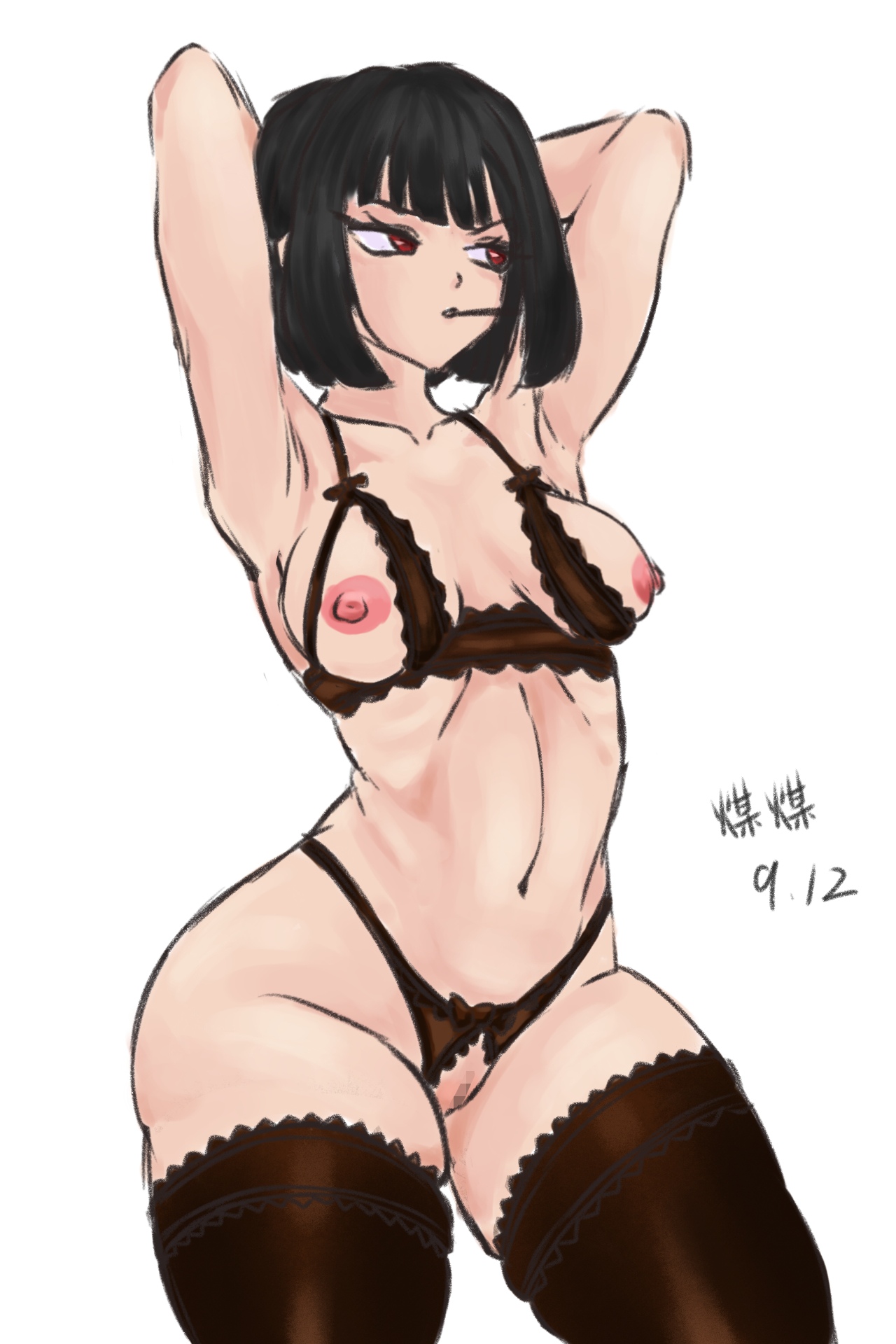 boobs out, breasts, cigarette, feitun1345, female, limbus company, lingerie, looking away, posing, project moon, ryoshu (limbus company), tagme