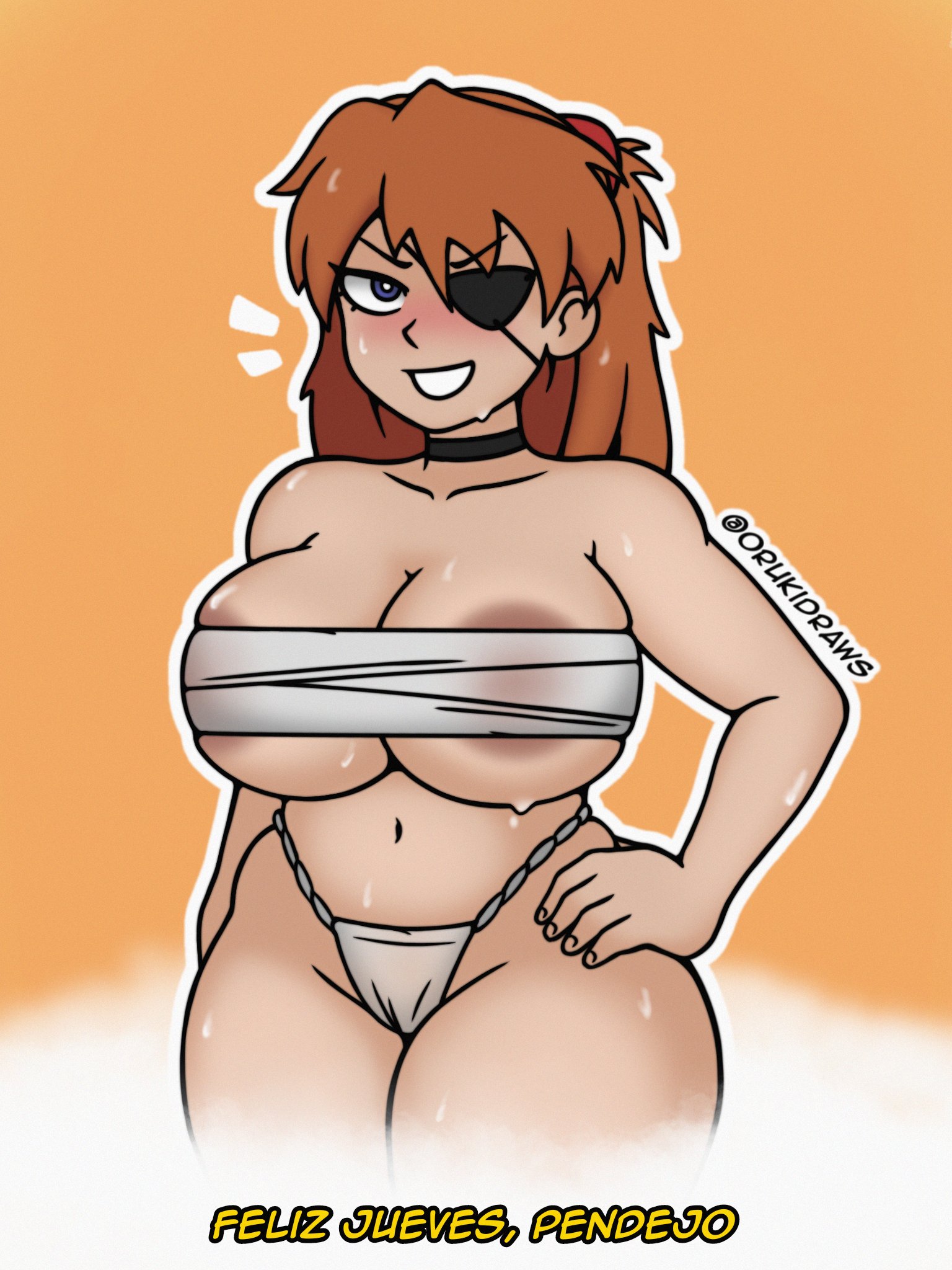 1girls, areola slip, areolae, asuka langley sohryu, blush, breast band, breasts, cleavage, eyepatch, feliz jueves, female, gigantic breasts, highleg panties, japanese clothes, large breasts, long hair, neon genesis evangelion, orukidraws, red hair, smile, spanish text, sweat, thursday, white underwear